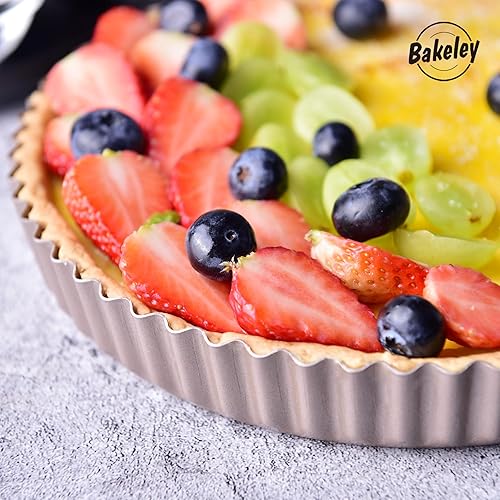 Miniatura 4 de Bakeley Sartén redonda de 11 pulgadas con parte inferior extraíble suelta, sartén antiadherente de acero al carbono para hornear en horno (dorado