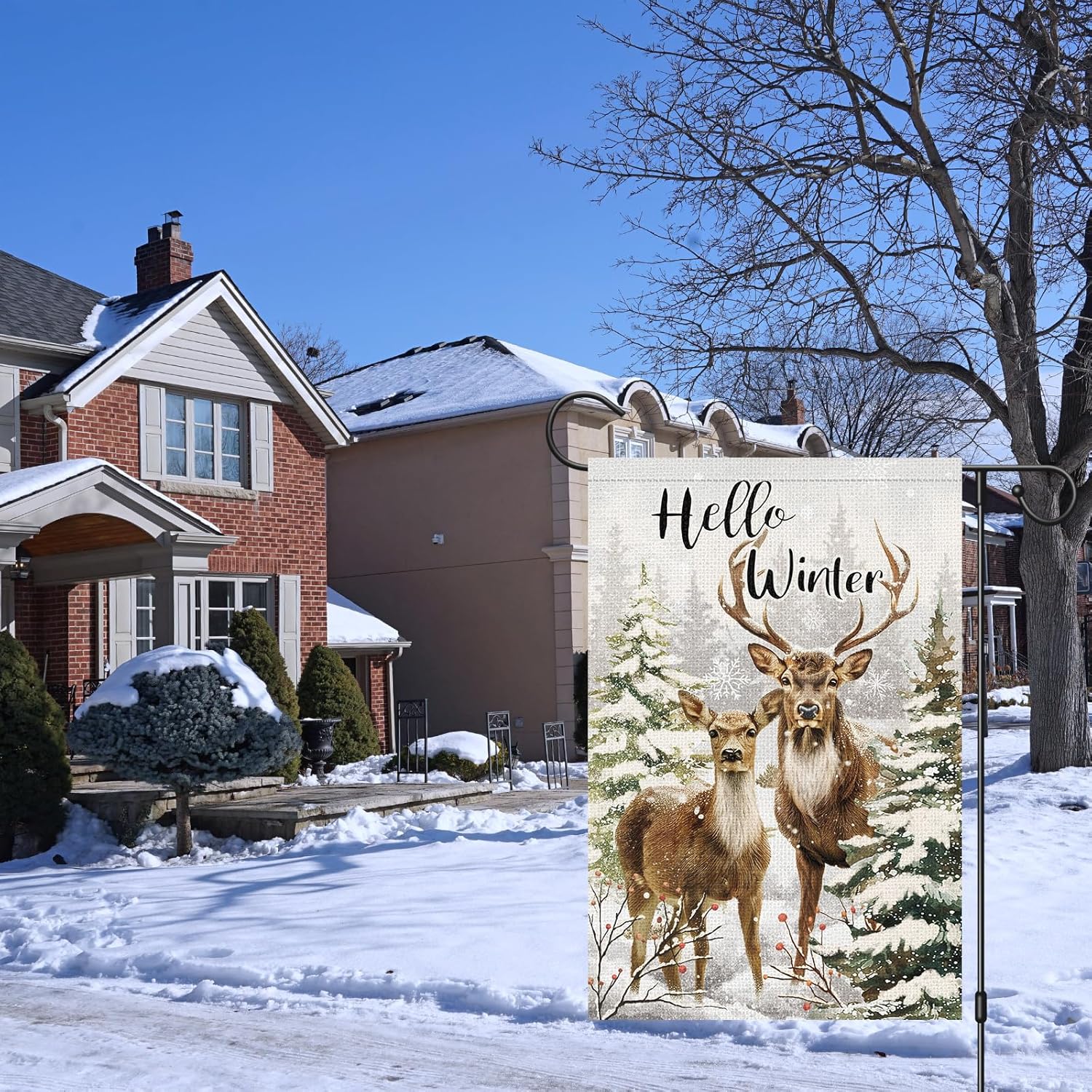Heyfibro Hello Winter Deer Garden Flag 12x18 Inch Double Sided Burlap, Christmas Snowflake Snow Elk Yard Flags for Seasonal Xmas Outside Outdoor Decoration (ONLY FLAG) - Image 3