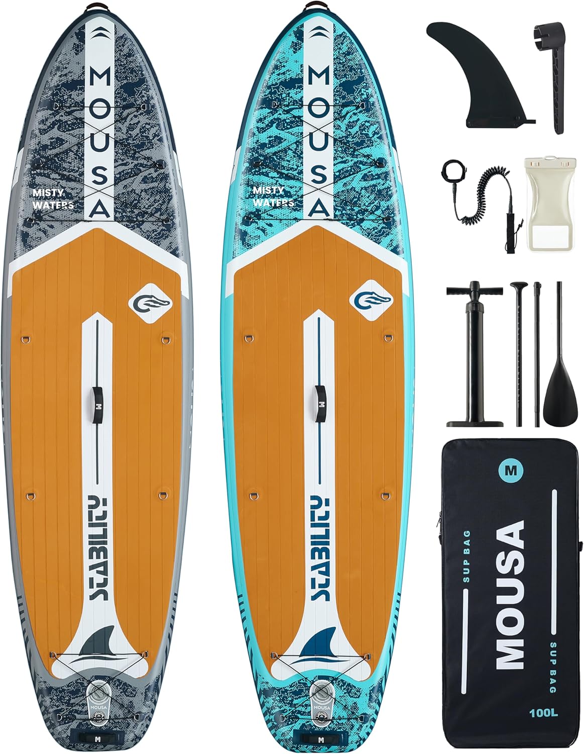 MOUSA 11'×35" Inflatable SUP Board Bundle – 2 Colors (Gray & Blue), Stable Paddleboard for 2 People, Full EVA Deck, 100L Backpack