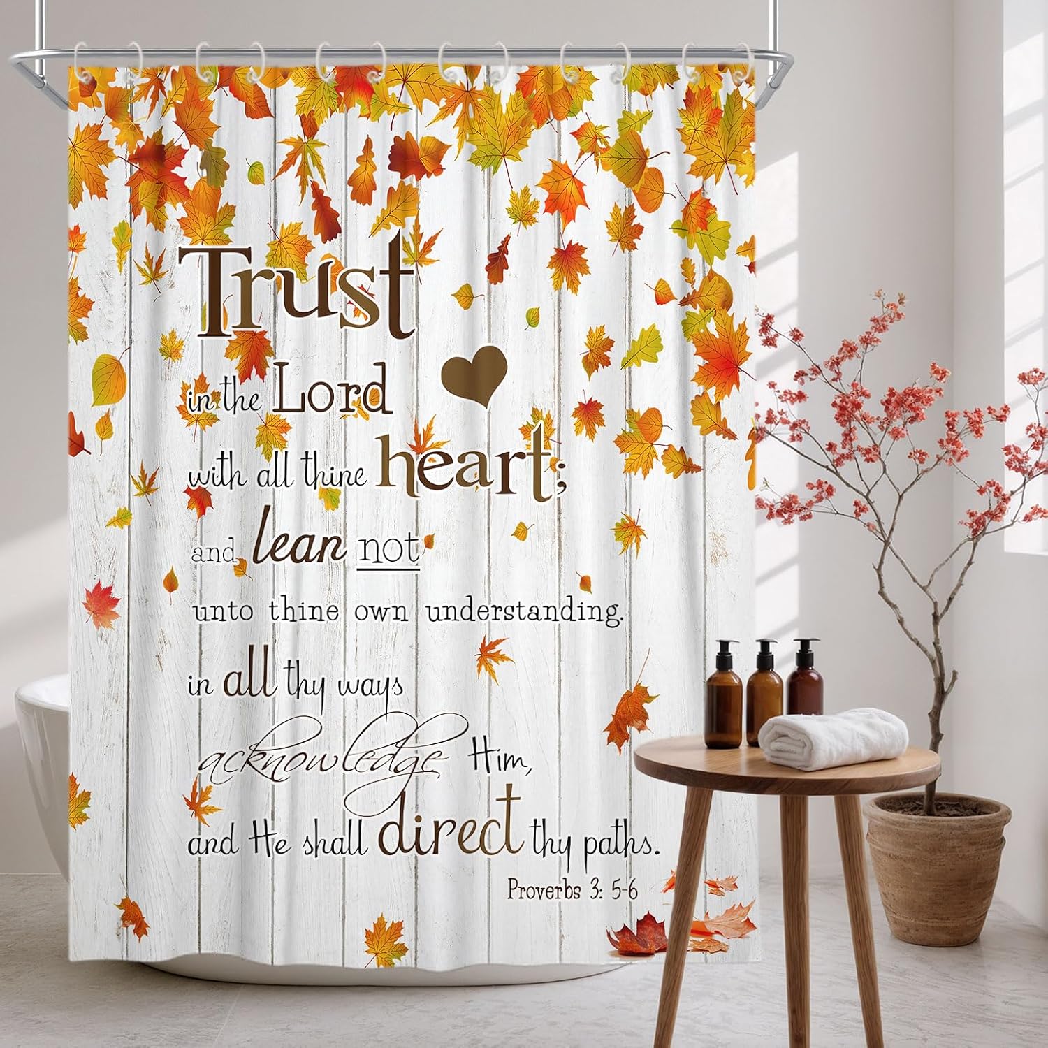 Fall Maple Leaves Shower Curtain, Autumn Thanksgiving Harvest Shower Curtains, Motivational Inspirational Quotes Christian Bible Verses Scripture Quotes Polyester Cloth Bathroom Curtains 72X72 inch