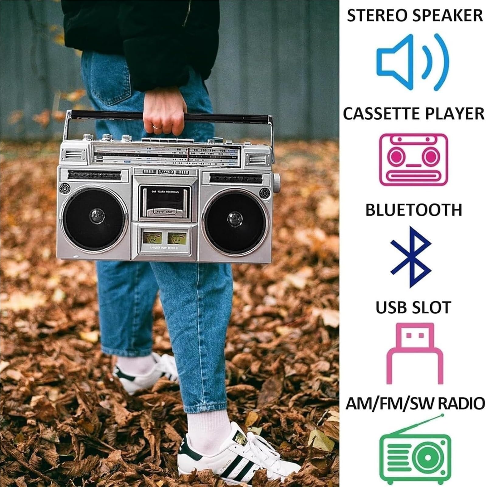 Boombox portátil Estilo Retro clásico de los años 80, con grabadora de Casete, Adecuado for Adultos Mayores, entusiastas del Aire Libre y Espacios como dormitorios, cocinas y Estudios.