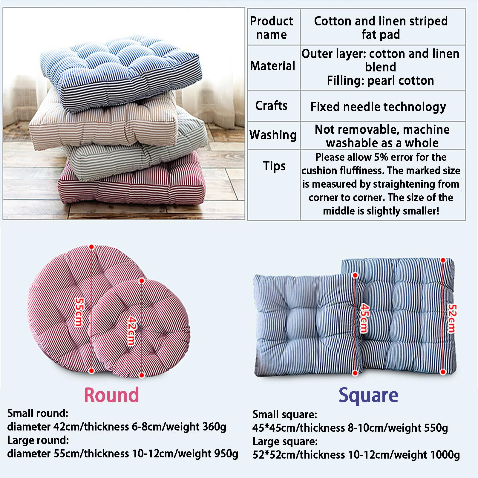Cuscino da Pavimento a Righe in Cotone E Lino, Cuscino per Sedia Morbido E Confortevole, Perfetto per Balcone, Patio, Giardino (F 52cm(20.5in))