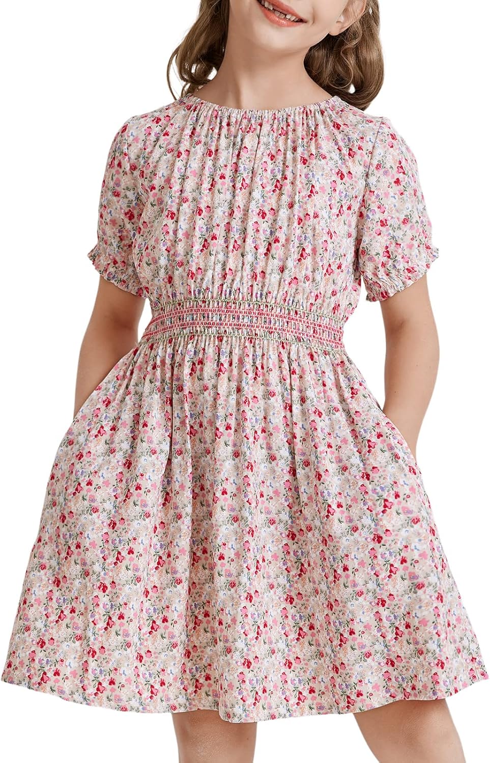 Girls Floral Smocked Waist Dress Church Holiday Playwear Soft Midi Dress with Pockets
