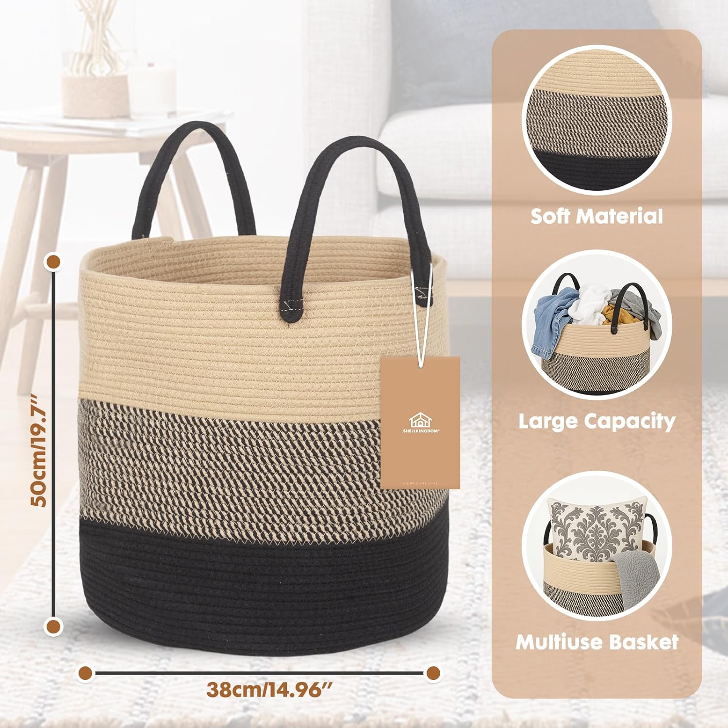ShellKingdom Laundry Basket, Large Natural Rope Woven Storage Basket with Handles for Home, Living Room, Laundry, Storage Organizer for Blankets, Clothes, Toys, 19.7 x 14.9 INCH (3-Toned Khaki Black)