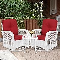 Vista 42 de MEETWARM Juego de 3 piezas de mimbre giratorio para patio al aire libre, mecedoras, juegos de muebles de patio de ratán con cojín grueso y mesa