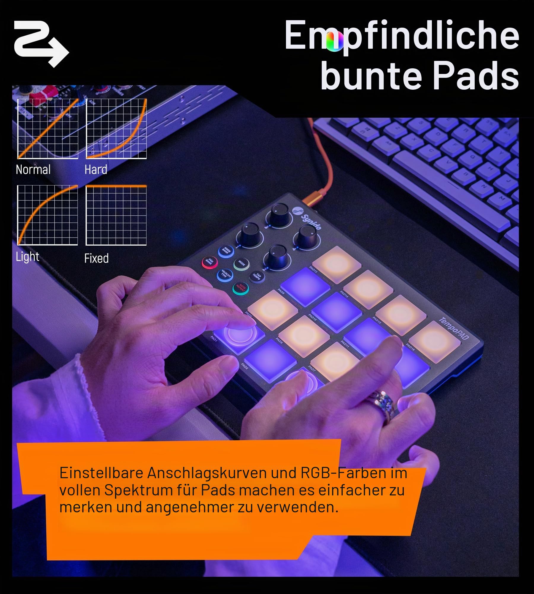 Synido Beat Maker Machine mit 16 RGB Backlit Beat Pads, TempoPAD USB Portable MIDI Drum Pad Controller, 4 zuweisbare Regler, für Anfänger Musikproduktion, Schwarz