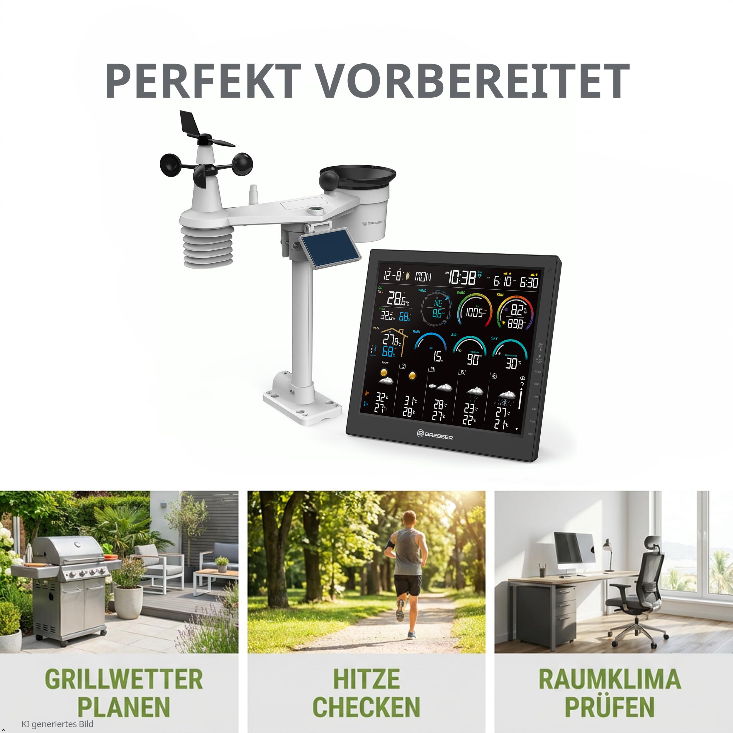 Bresser 4CAST Profi WLAN Wetterstation Funk mit 8 in 1 Außensensor | Innentemperatur und Außentemperatur, Luftfeuchtigkeit, Regenmesser, Windmesser, 14 Tage Wettervorhersage, App, WBGT