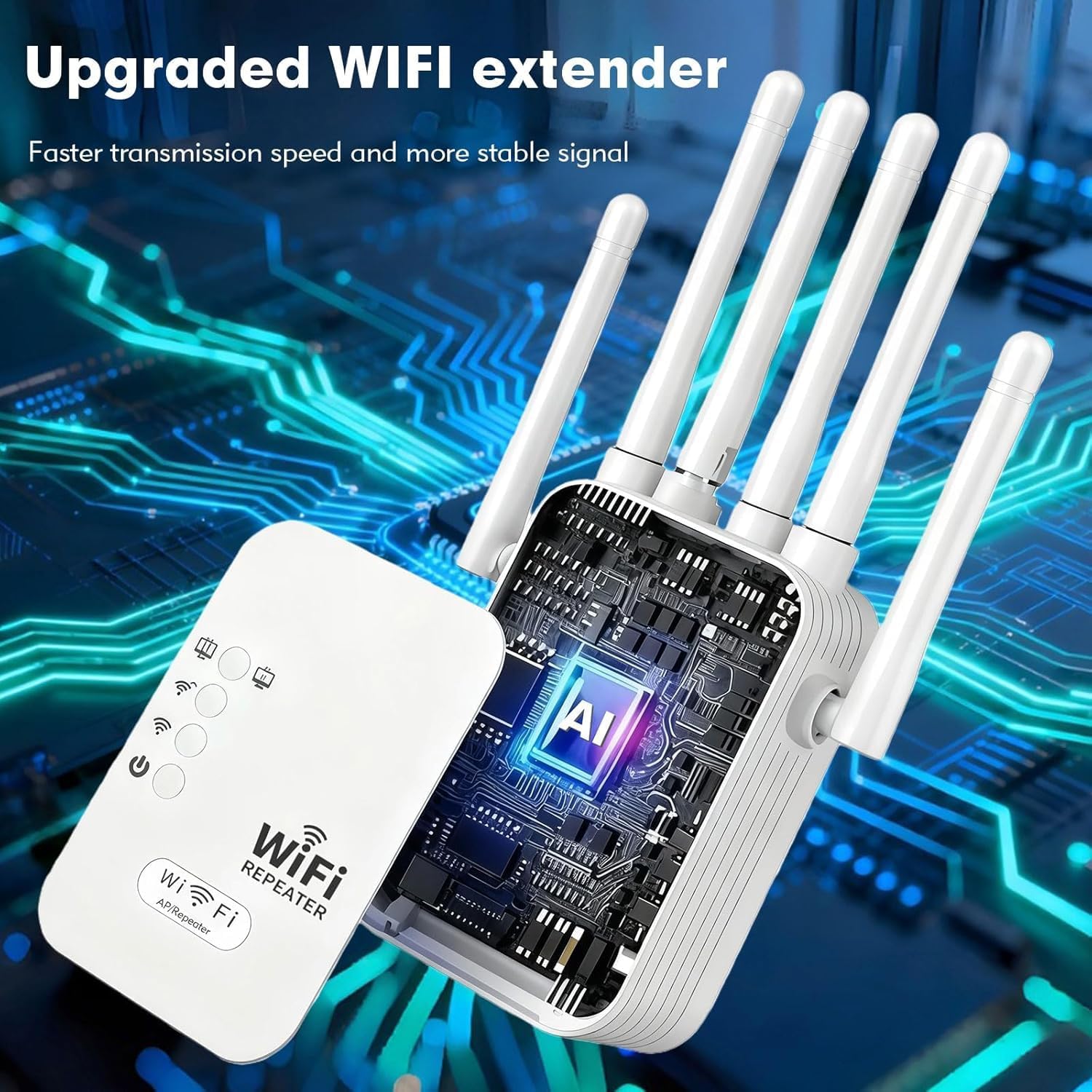 Amplificador Señal WiFi con 6 Alta Ganancia Antenas Repetidor WiFi Largo Alcance con 300Mbps WiFi Extender 2 Puertos LAN Cobertura hasta 400 m² Instalación Acción Router/Ap Modos para hogar Oficina — view 2