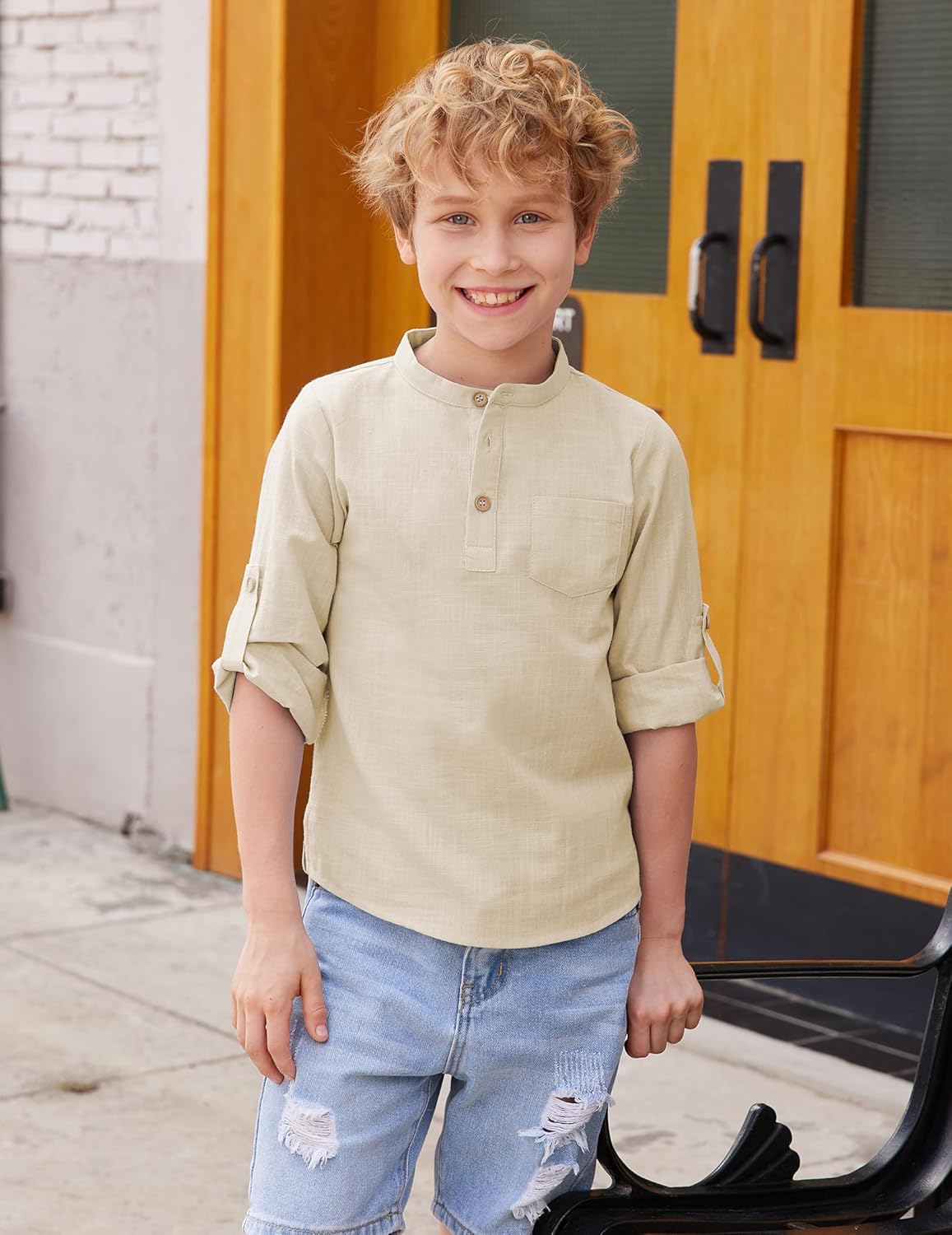 Arshiner Boys Cotton Linen Henley Shirt Button Down Shirt Long Sleeve T Shirt Beach Shirt Tee Casual Solid Tops - Image 2