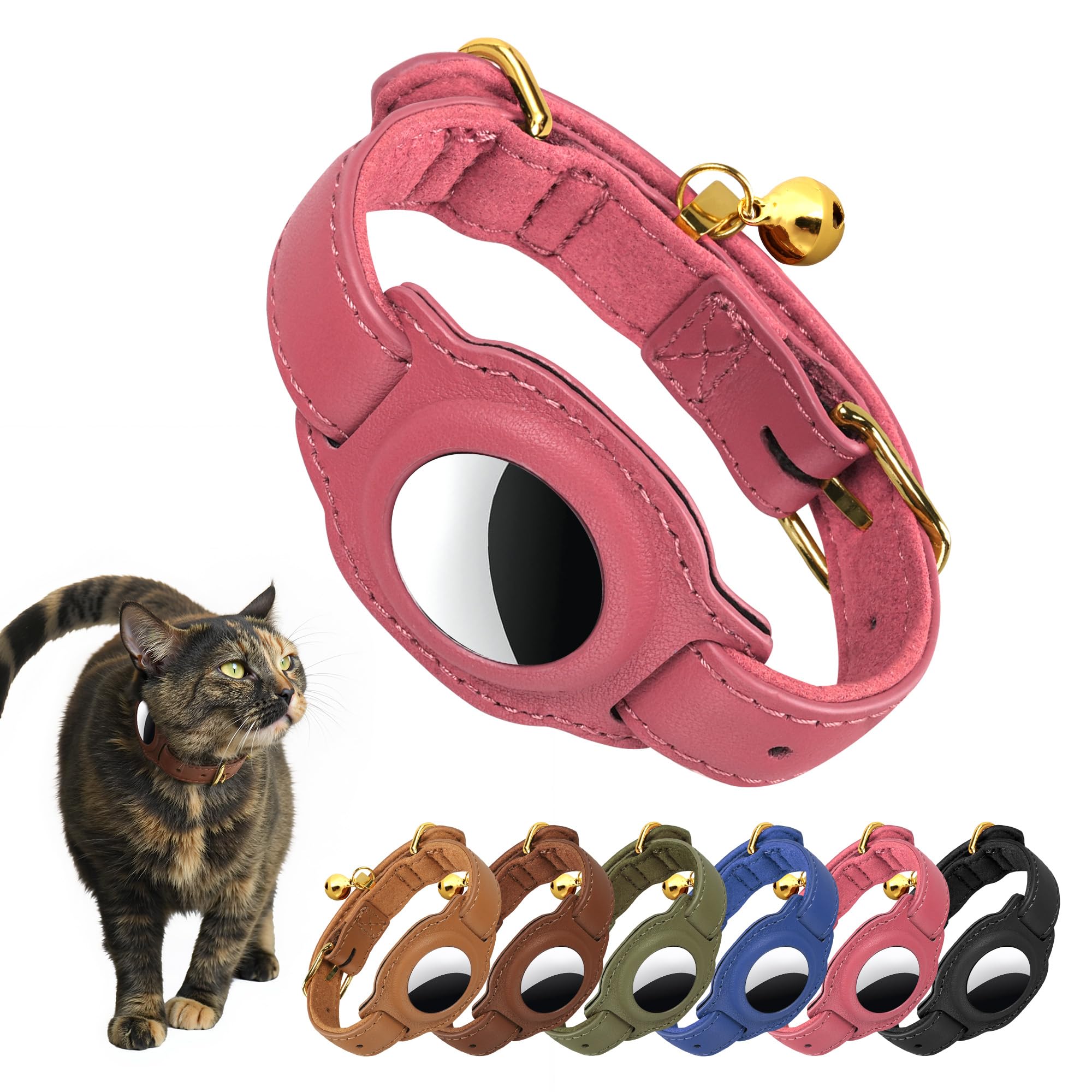 AirTag Katzenhalsband mit Glöckchen und Stofffutter, Haustierhalsband, Leder, nicht abreißbar, mit AirTag-Halter, GPS-Katzenhalsbänder für Jungen, Katzen, Mädchen, Katzen (Rosa)