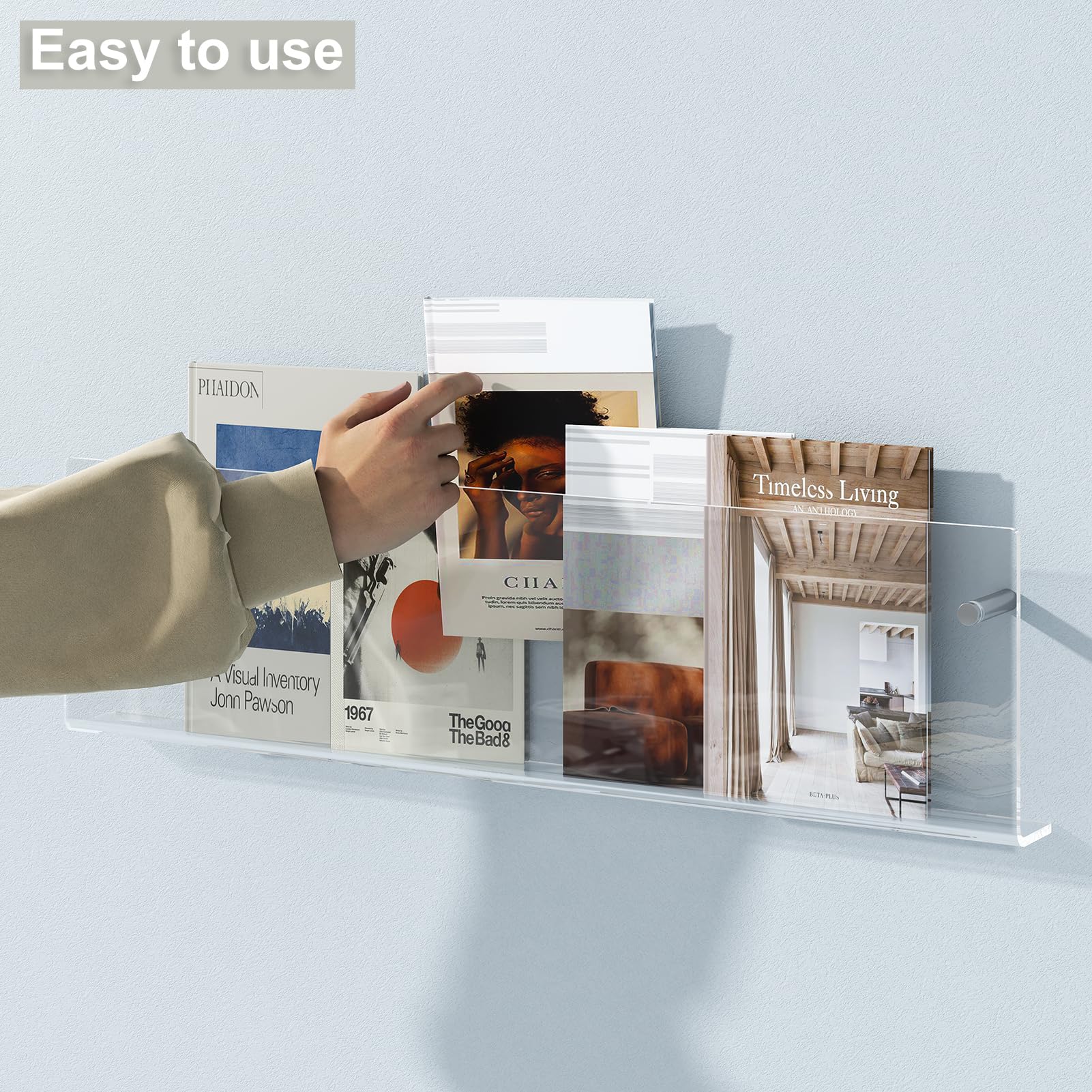 Soporte acrílico para revistas, paquete de 2 estantes colgantes para revistas, soporte flotante montado en la pared para sala de espera, oficina, hogar (transparente, 24 pulgadas)