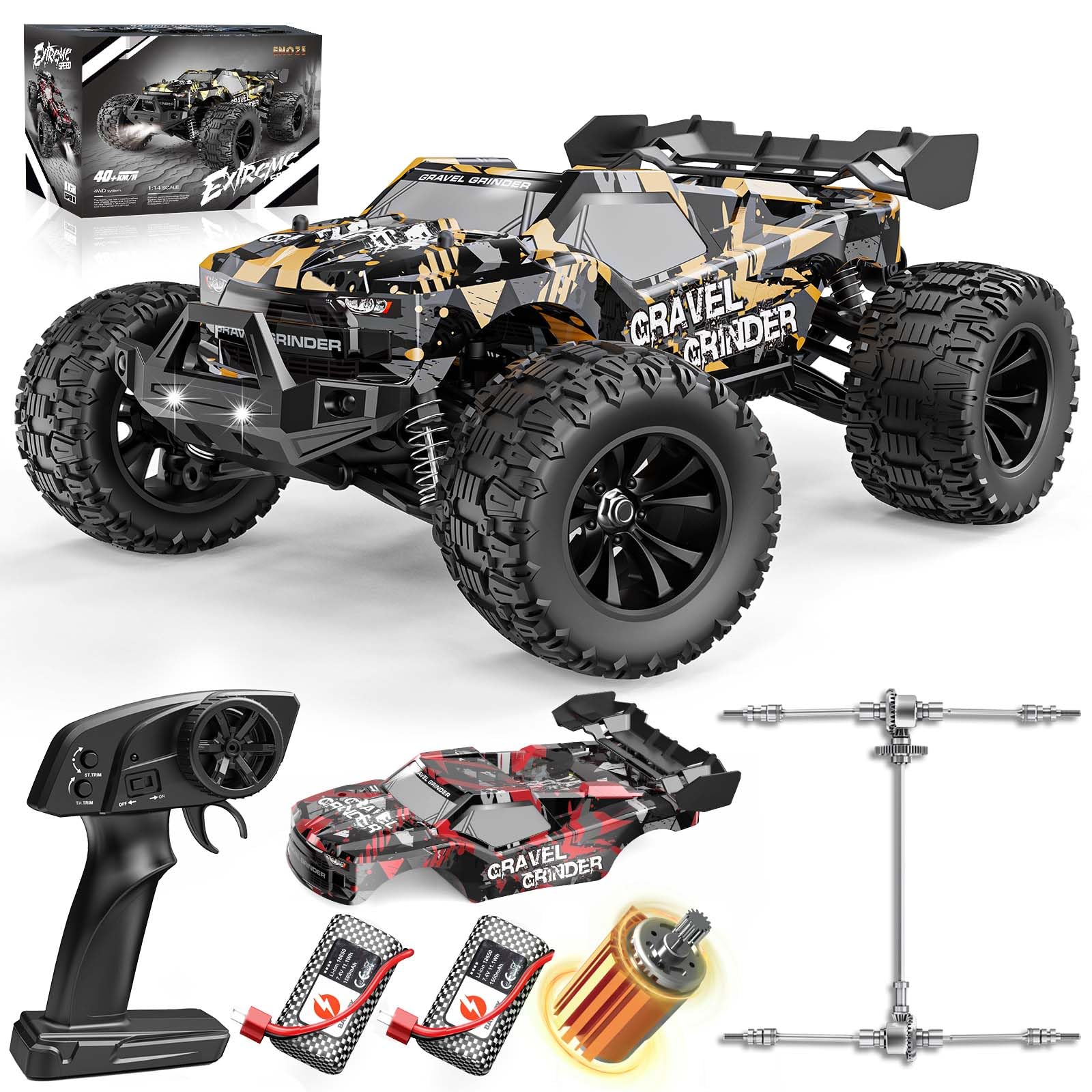 YESHIN Ferngesteuertes Auto 1:14 All-Terrain RC Auto für Erwachsene & Jungen, 4WD RTR Offroad RC Auto 40 km/h mit Vollmetall-Antrieb, ölgefüllten Stoßdämpfern, 2x1500-mAh-Akkus, 2 Karosserien