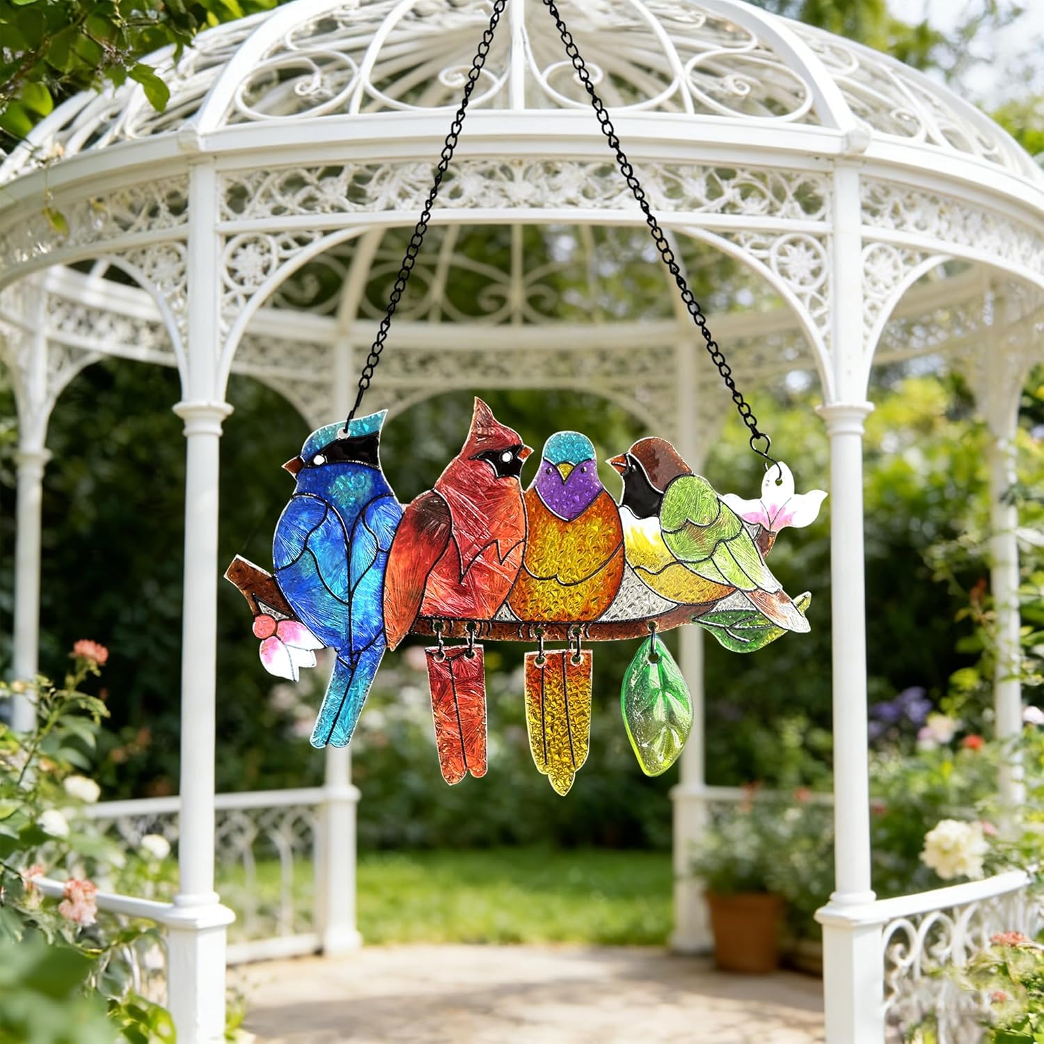 DASTOLL Stained Glass Window Hanging - Hummingbird on Branch Suncatcher Hand-Painted Double Side Stain Glass Cardinal Gifts Sun Catcher for Windows Doors Room Outdoor Home Decoration