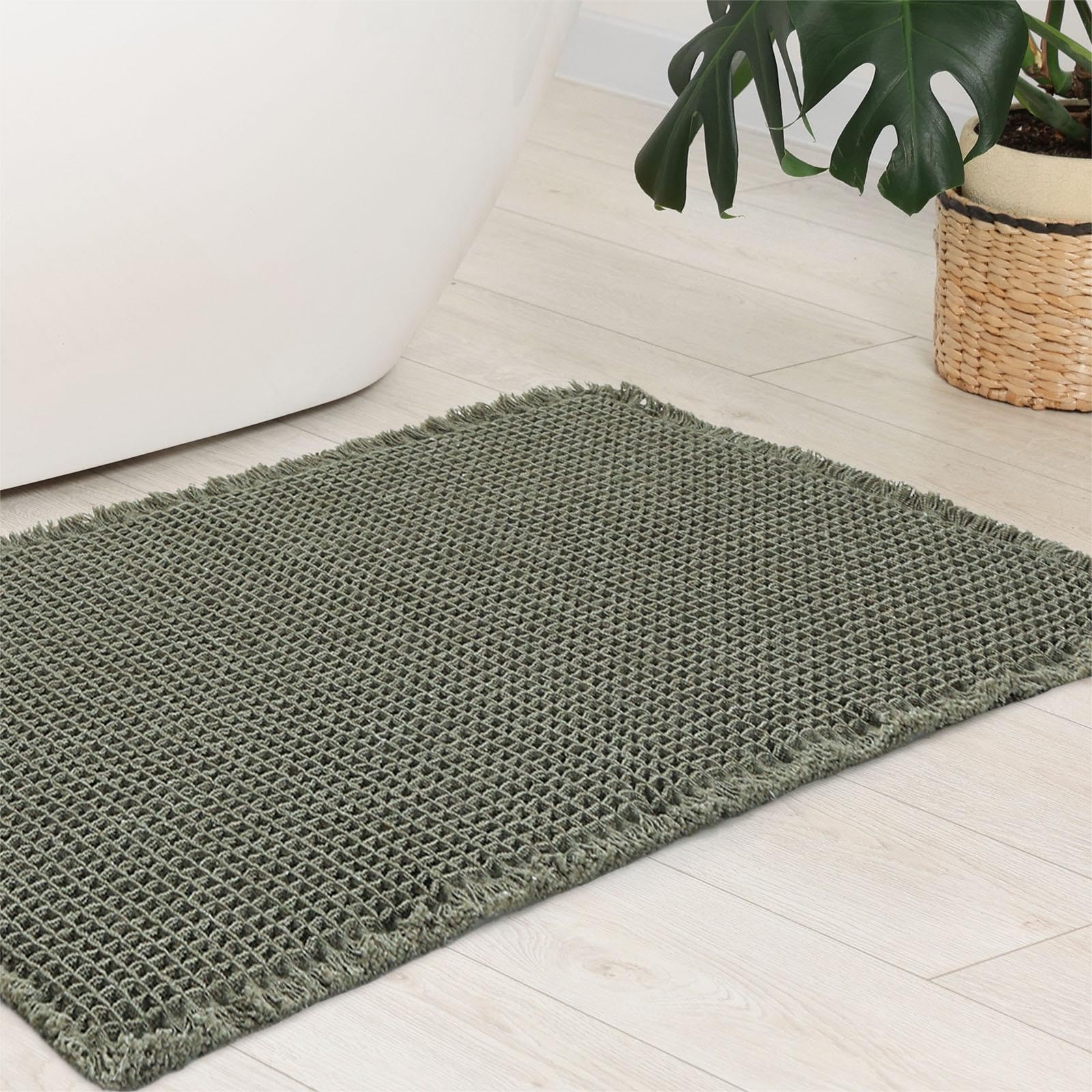 Anibedding Waffle Bathroom Rugs,Quick Dry Soft Super Absorbent Bath Mats,Non Slip Washable Machine Washable 18"x30" Bathroom Mats Dark Green