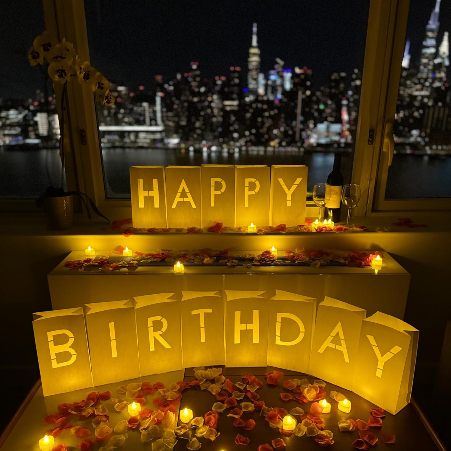 Happy Birthday Decorations for Women & Men - Surprise Set with Light Up Letters, 30 Tea Light Candles, 2000 Red & Pink Rose Petals - Luminary Bags to Create a Beautiful Happy Birthday Banner Sign