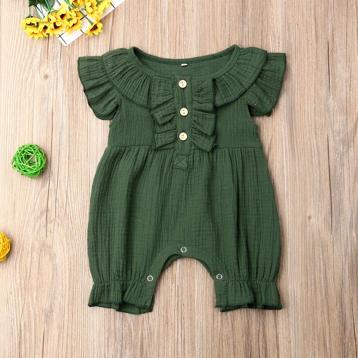 BULINGNA Baby Girl Romper Jumpsuit Cotton Linen Solid Playsuit Flutter Sleeve One-Piece Bodysuit Infant Summer Clothes (C-Green, 0-6 Months)