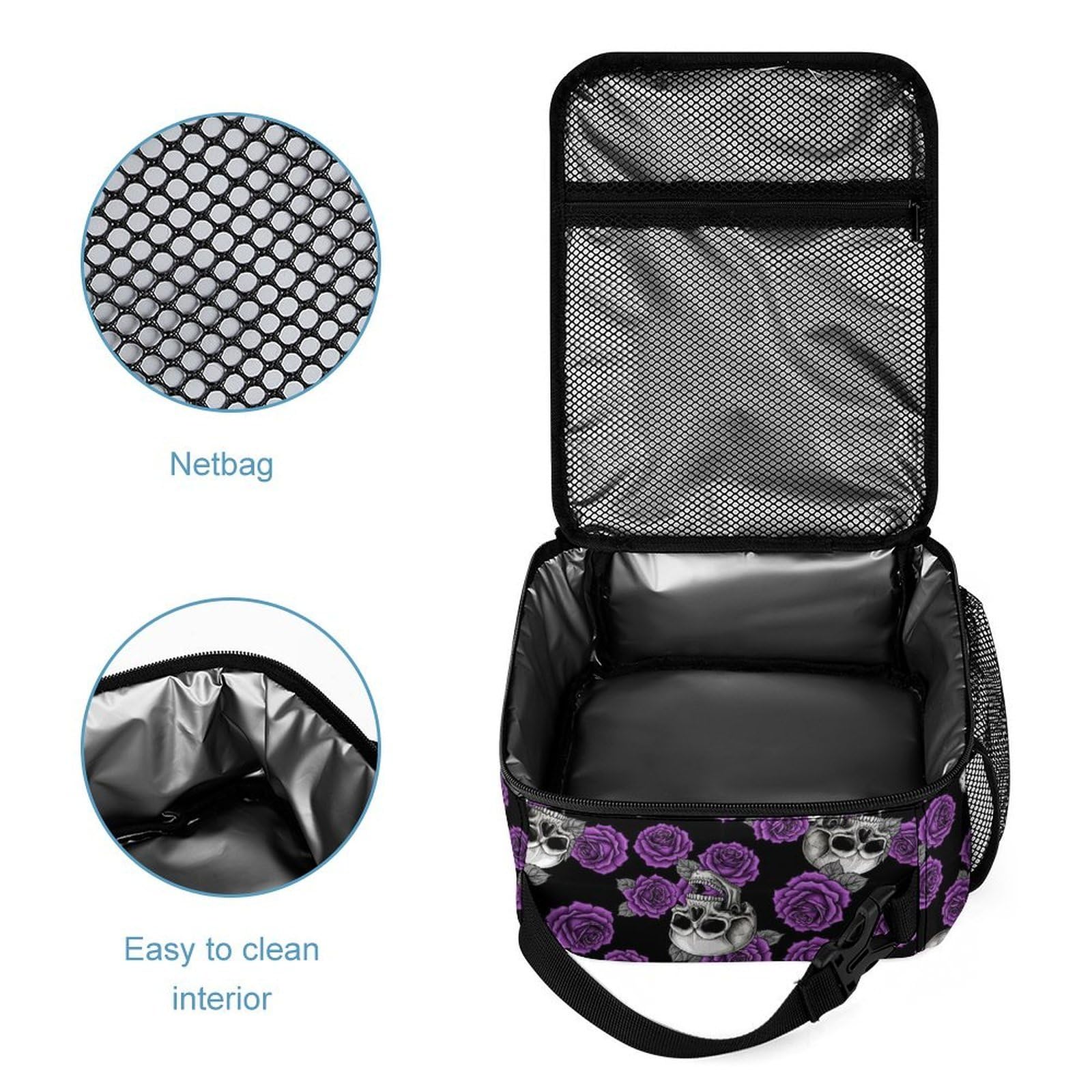 Ensemble sac à dos Purple Rose Skull avec boîte à lunch et trousse de maquillage