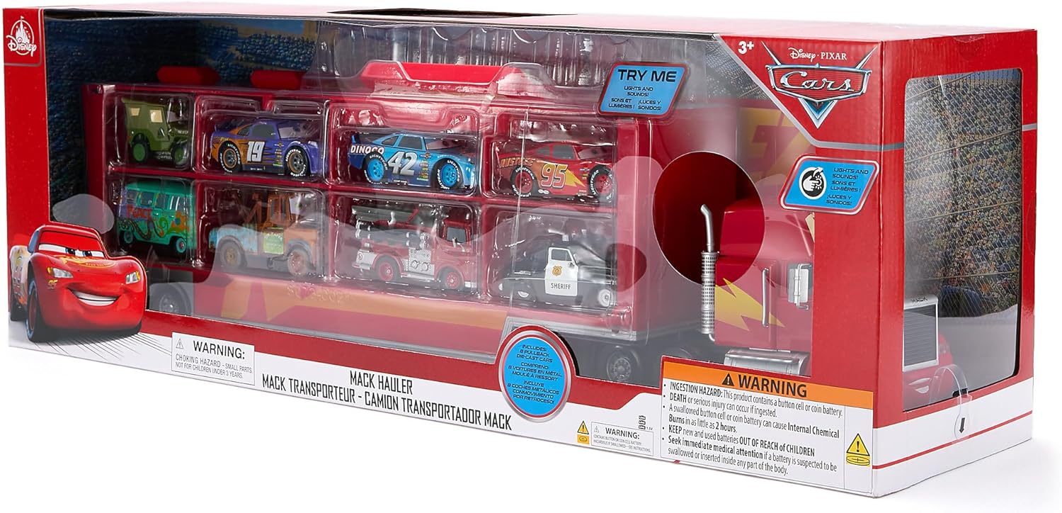 Disney Store Official Mack Hauler Play Set - Light & Sound Mack Carrier with 8 Pullback Die Cast Vehicles - Red, Fillmore, Lightning McQueen, Bobby Swift, Cal Weathers, Sarge, Sheriff & Tow Mater