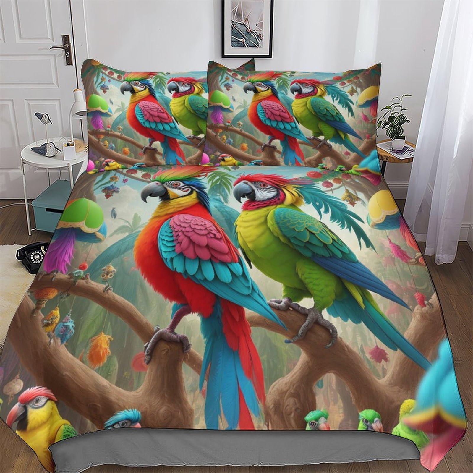 Parrot Duvet Cover, Soft & Cosy Polycotton Quilt Cover Bedding Sets 3 Pieces With Pillowcase Easy Care Anti Allergic Comforter Cover for Kids, Youth And Adult King (220x240cm)