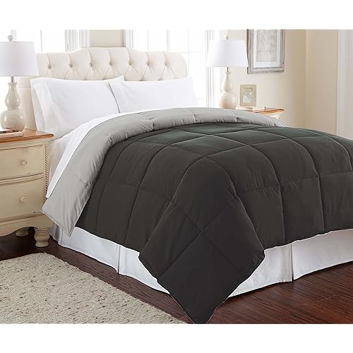 Modern Threads Down Alternative Microfiber Quilted Reversible Comforter & Duvet Insert - Soft, Comfortable Alternative to Goose Down - Bedding for All Seasons Carbon/Steel Full/Queen