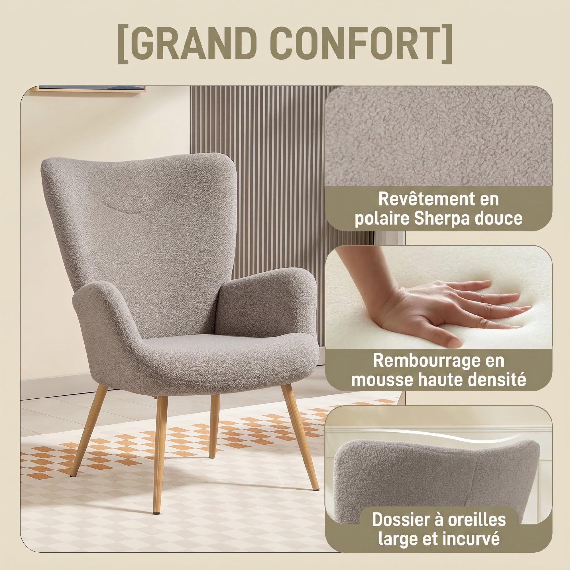 HOMCOM Sillón tapizado en Tela Boucle con Estructura de Acero Gris | Sillón de acento, respaldo alto, reposabrazos, para salón, dormitorio, rincón de lectura