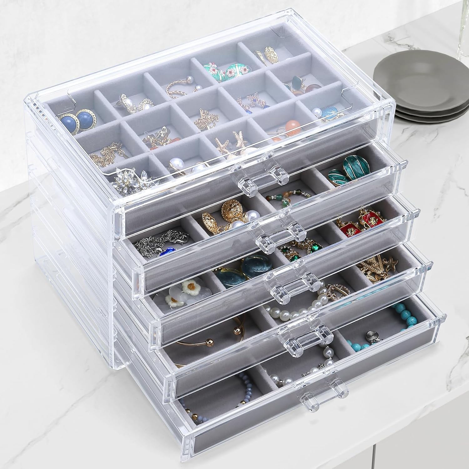 Earring Holder Organizer Box with 5 Drawers, Clear Acrylic Jewelry Organizer for Women Girls, Jewelry Storage with Stackable Jewelry Trays for Earring Ring Bracelet Necklace, Grey