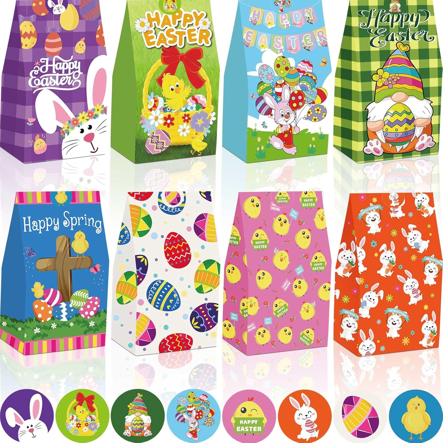 Augshy Easter Paper Bags, 24 Pack Easter Gift Bags Bunny Egg Paper