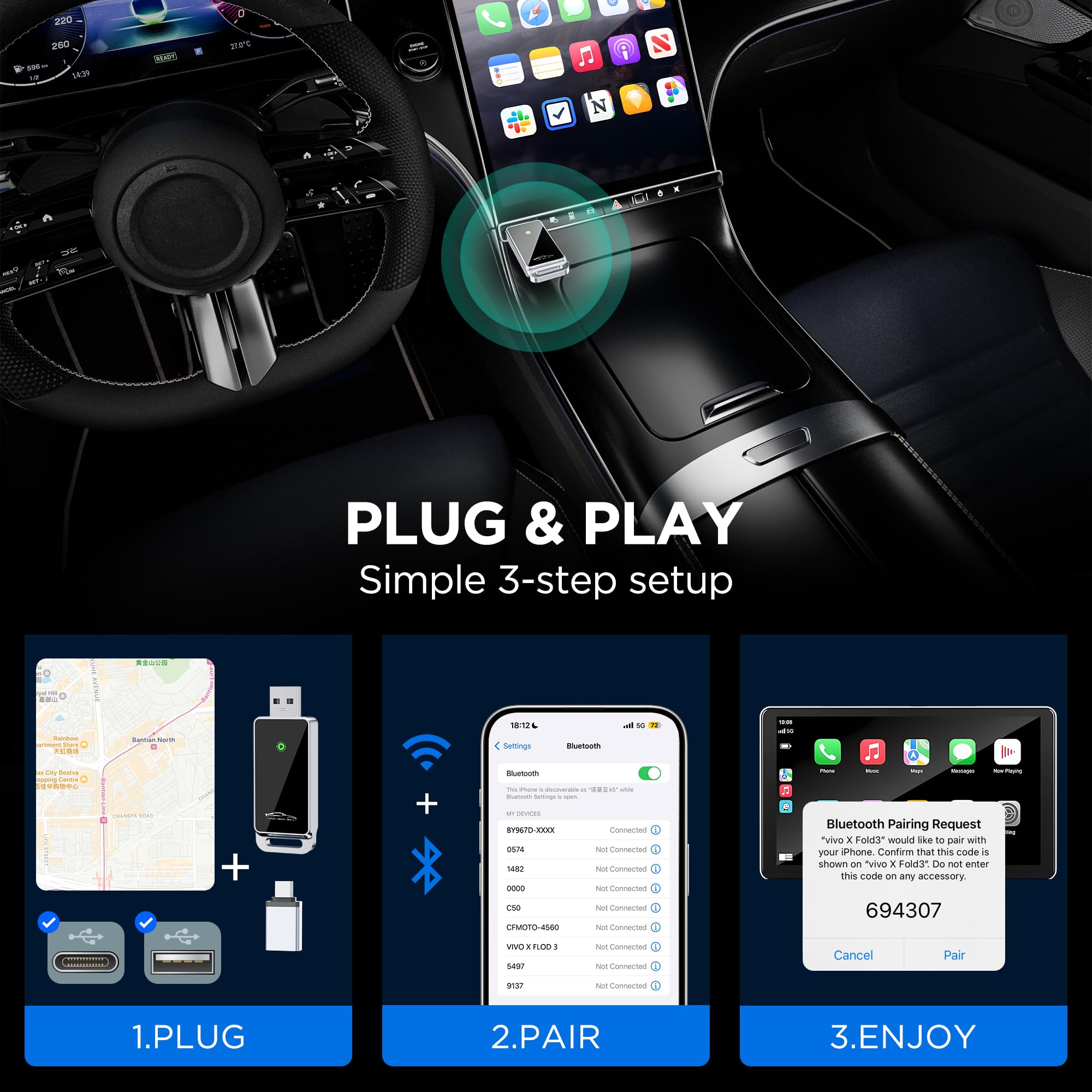 vnilrgle Wireless CarPlay Adapter 2024 Upgrade, Plug and Play, No Latency, Converts Factory Wired to Wireless, Compatible with iPhone 6+ and 2015+ Cars, Bluetooth 2.4GHz and Wi-Fi 2.4+5.8GHz - Image 4