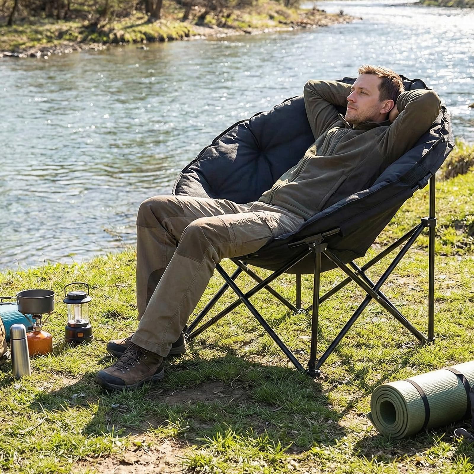 LIFERUN Sedia Pieghevole da Campeggio 150KG, Sedia da Campo Portatile, Moonchair imbottita XXL, con Poggiatesta, Tasca Laterale, borsa per il trasporto, per Giardino, Spiaggia, Trekking, Pesca, Nero