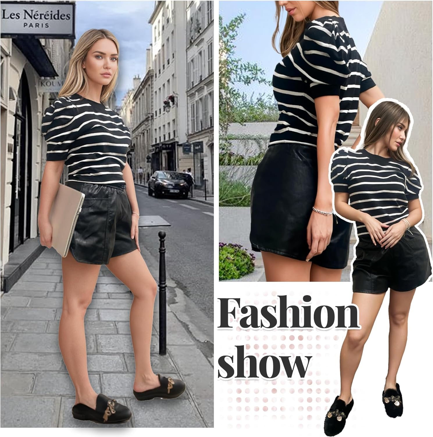 Women's Striped T-Shirts Puff Sleeve Tops Trendy Crewneck Knit T-Shirt Summer Casual Blouses - Image 6