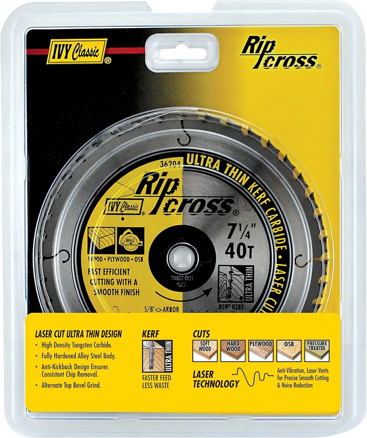 IVY Classic 36204 Ripcross 7-1/4" 40 Tooth Ultra Thin Kerf Carbide Circular Saw Blade with 5/8" Diamond Arbor, 1/Card