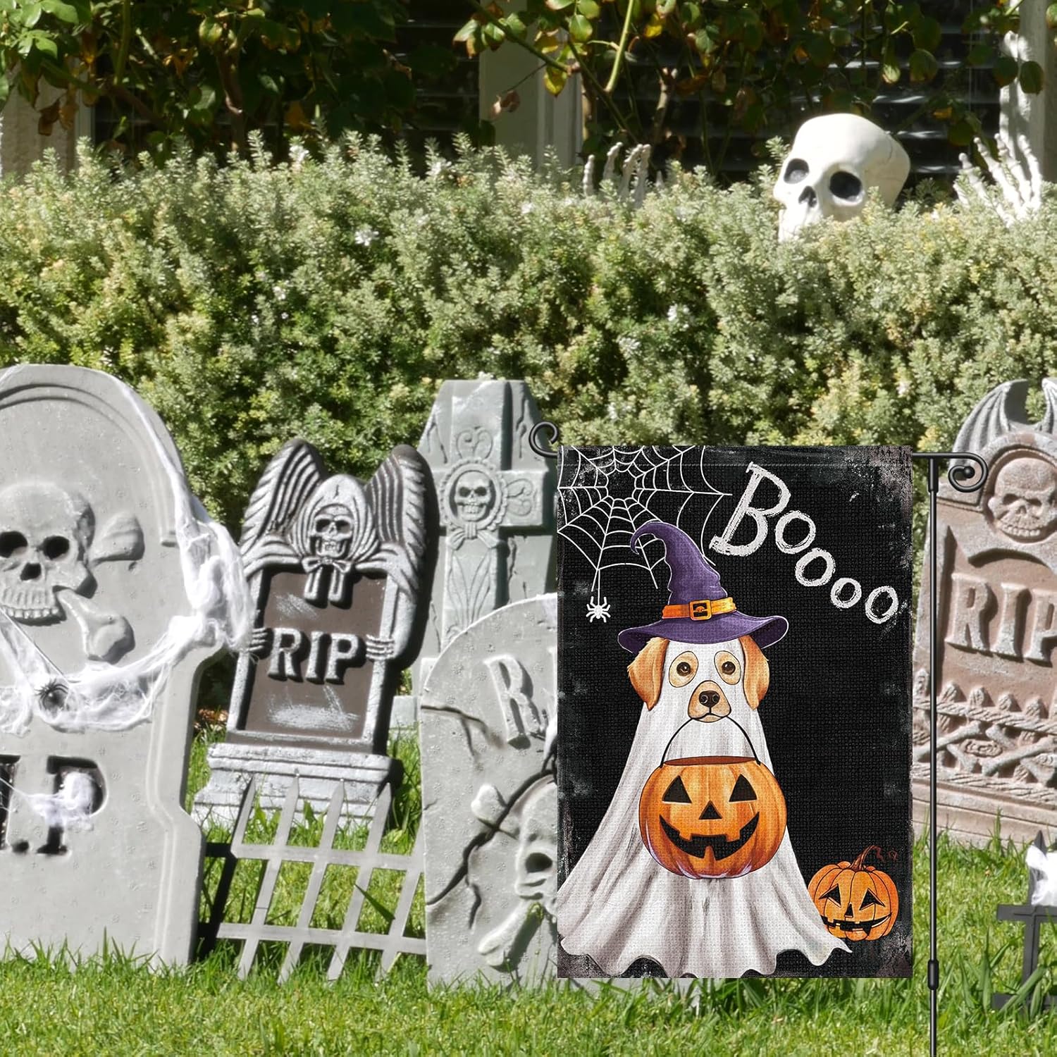 Heyfibro Halloween Boo Golden Retriever Garden Flag 12x18 Inch Double Sided Spooky Ghost Dog Garden Flags Burlap Decorative Small Halloween Yard Flags for Outside House Farmhouse Lawn Decoration - Image 3