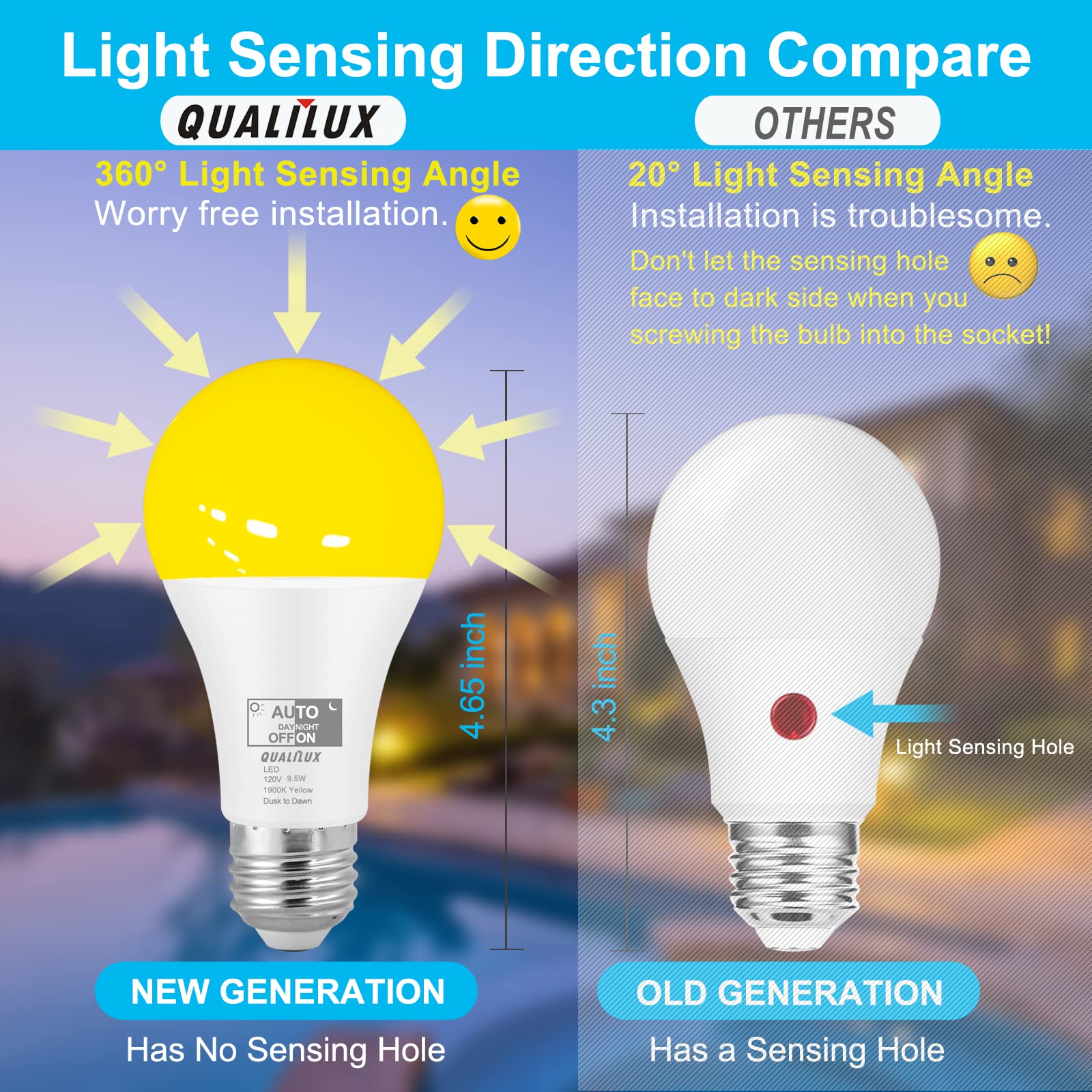 Qualilux Bombillas de insectos del atardecer al amanecer para exteriores, 1900 K amarillo ámbar, 600 lúmenes, LED 9.5 W, A19 E26, paquete de 4, HQ-H018