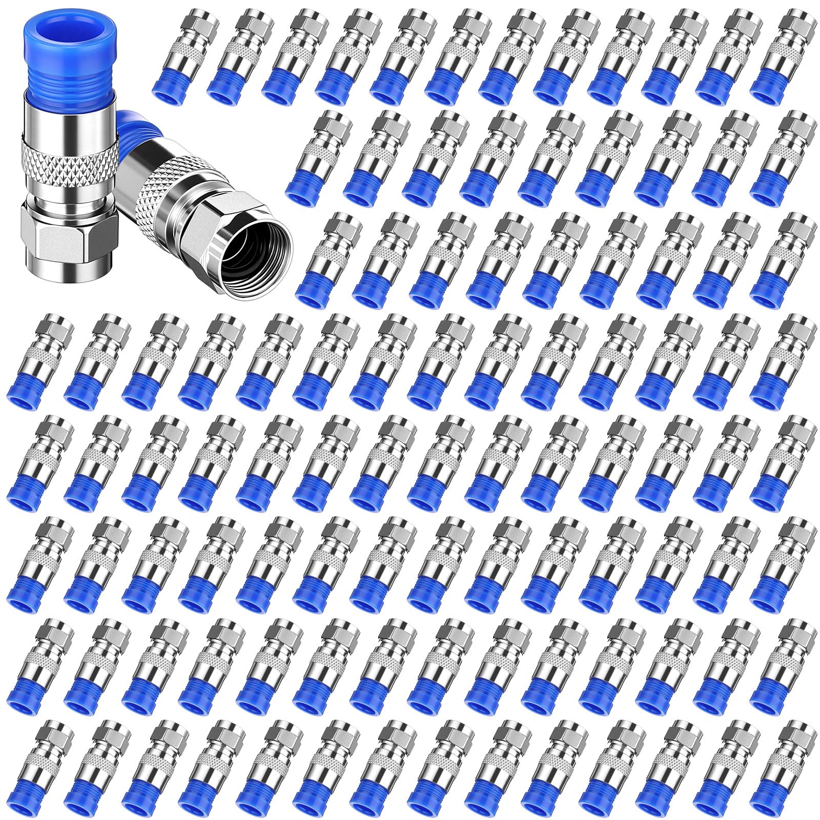 Copkim Confezione da 100 connettori a compressione RG6, adattatori coassiali per cavo antenna diritto di tipo F, connettori a compressione blu per la maggior parte dei cavi coassiali satellitari o via