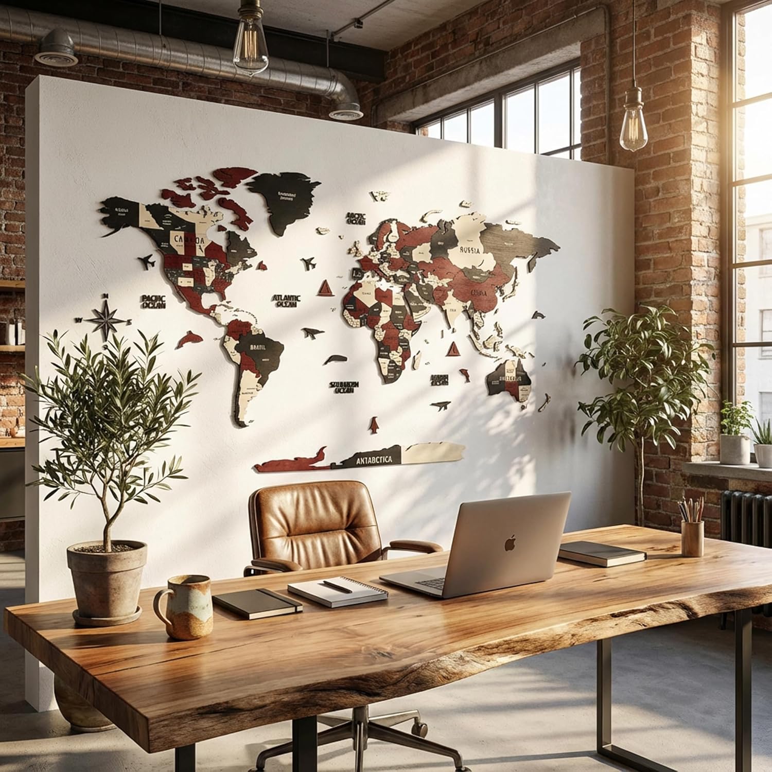 Colorfull Worlds 3D Wooden World Map Wall Art | Unique Wall Decor with Pins for Travel Enthusiasts | Home and Office Wall Décor | Burgundy | Large