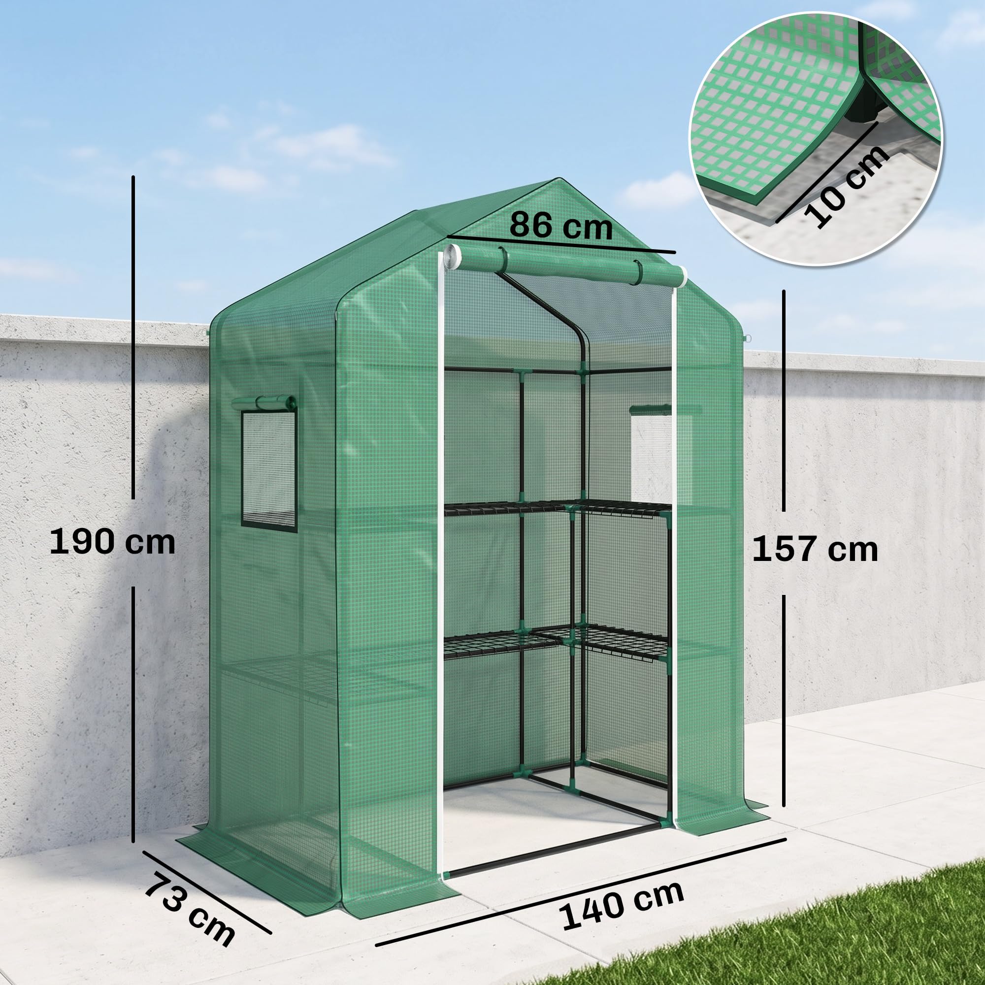 Outsunny Serre de Jardin PE avec Étagères 3 Niveaux 140x73x190 cm Vert | Serre de Balcon, Bâche Renforcée 135 g/m², Châssis en Acier, Porte Zippée Enroulable, pour Légumes Plantes Fleurs