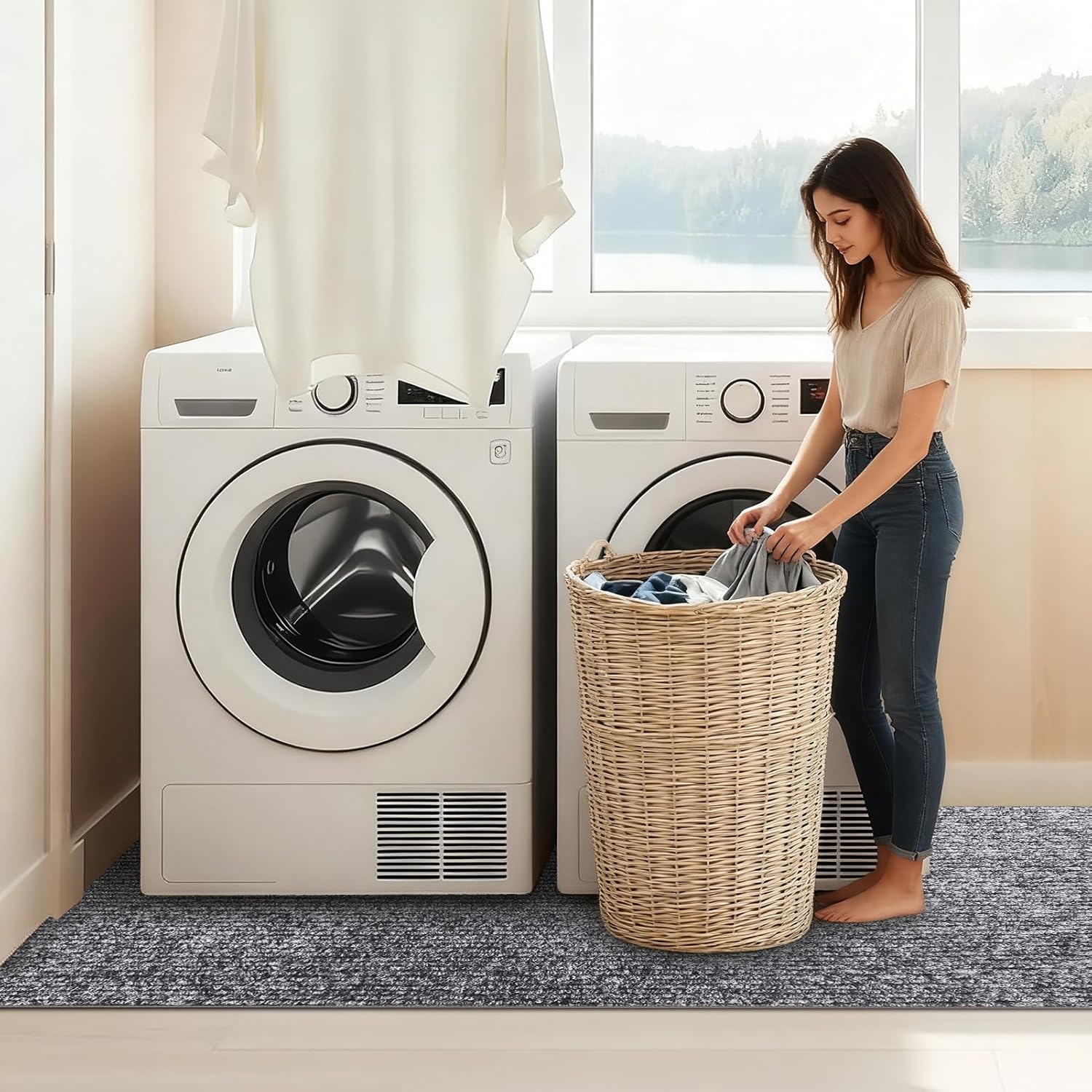 9 mm Extra Thickened 63 X 36 in Washer and Dryer Mats for Floor, High-Density Polyester Fiber Washing Machine Mat with Rubber Backing, Non-Slip Shock Absorbing Water Absorbing Trimable (Light Gray)