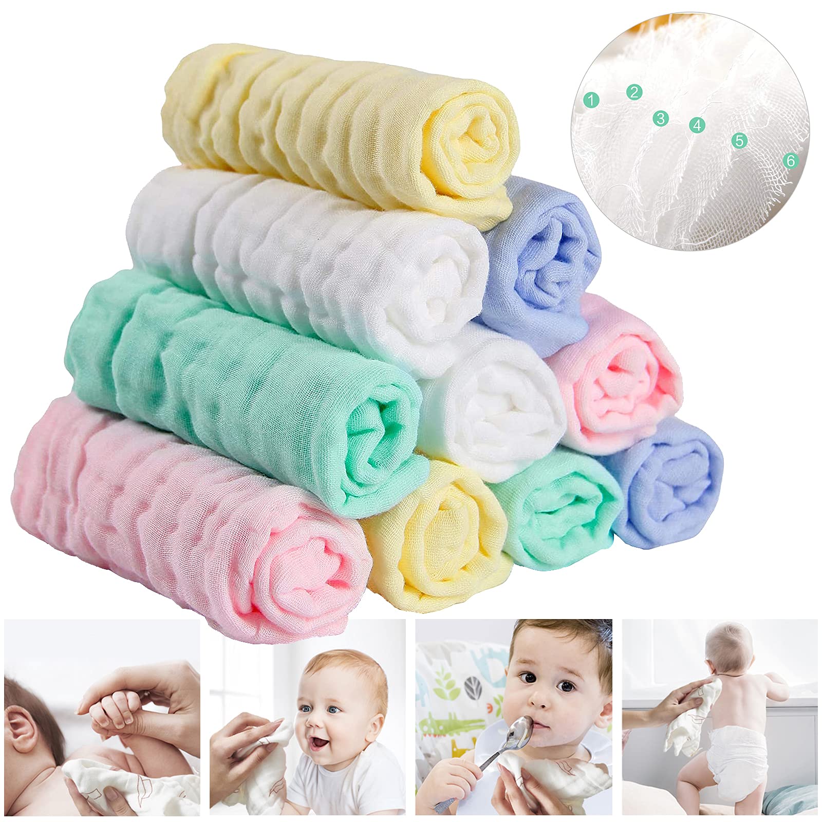 Toallas Bebe Recien Nacido De BañO Muselinas Bebe Algodon Gasas para Bebes Toalla BañO Regalo Recien Nacido NiñO 10 Piezas Toallitas Reutilizables Muselina 25x25 cm
