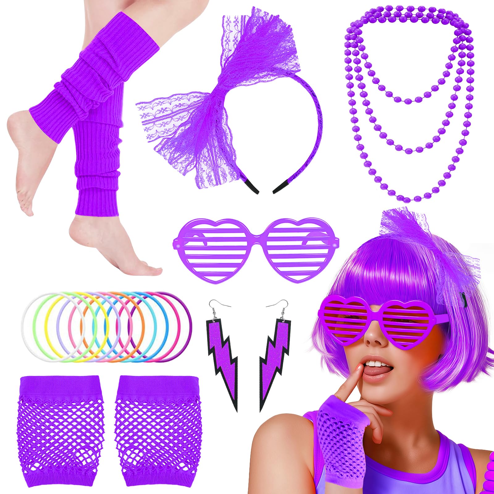80s Fancy Dress Accessories Set, 1980s Retro Costume Kit with Bow Headband Leg Warmers Fishnet Gloves Earrings Necklace for Women Girls 80s Theme Party Hen Do Party Supplies (Purple)