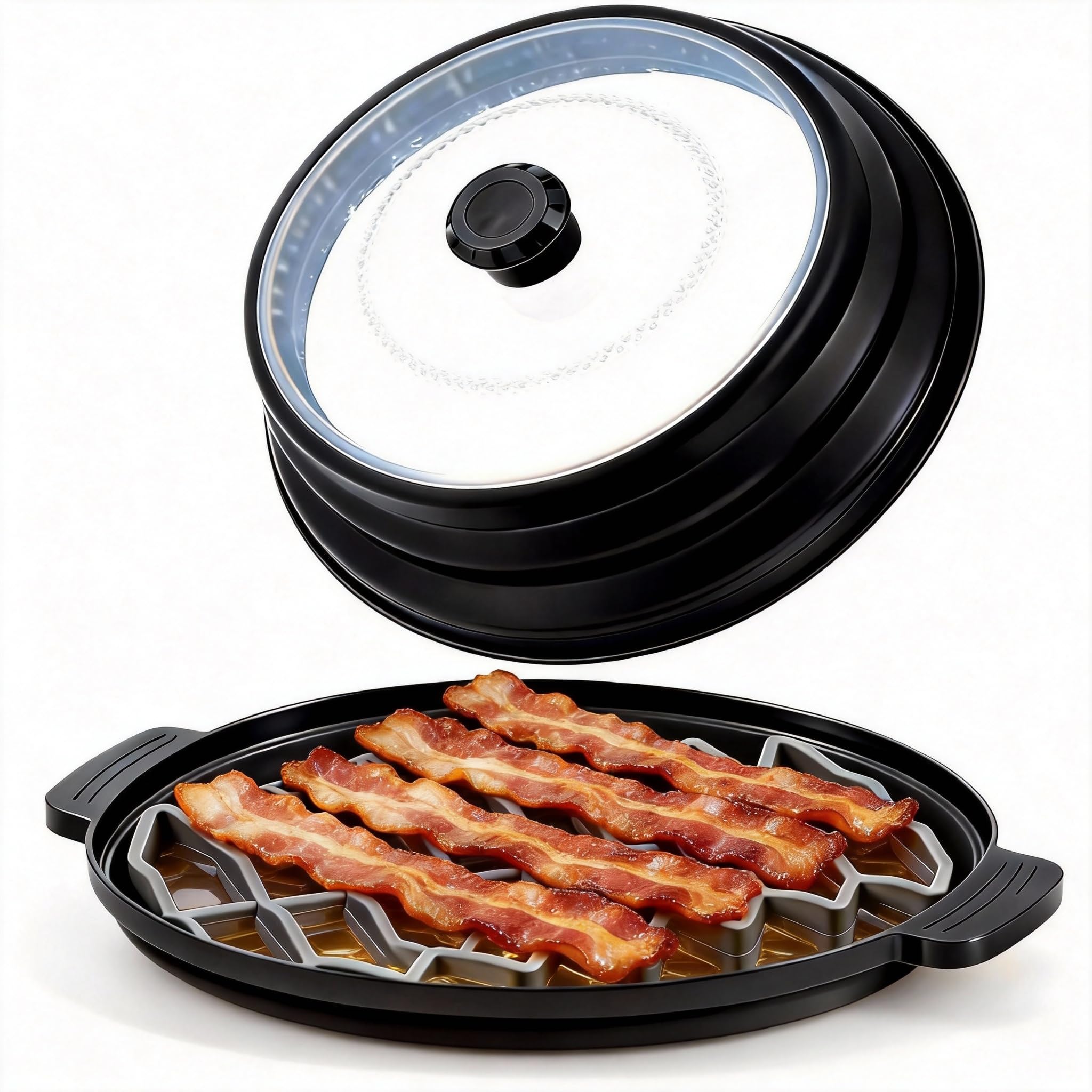 Photo 1 of **DIRT**3-Piece Microwave Bacon Cooker and Splatter Cover Set - Collapsible Microwave Lid with Silicone Grease Draining Rack and Oil Collection Tray - BPA-Free Crispy Bacon Tray for Healthier Cooking