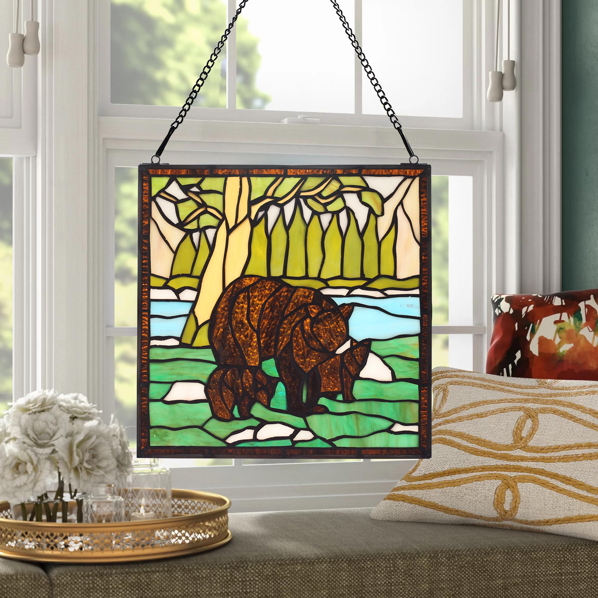 bwkoiujes Buntglas-Fensterbehang, 30,5 cm, quadratisch, Tiffany-Tier-Stil, 3 braune Bären, Sonnenfänger, Wanddekoration, Kunst-Panel, inklusive 50,8 cm Kette und Haken, das perfekte Geschenk zum