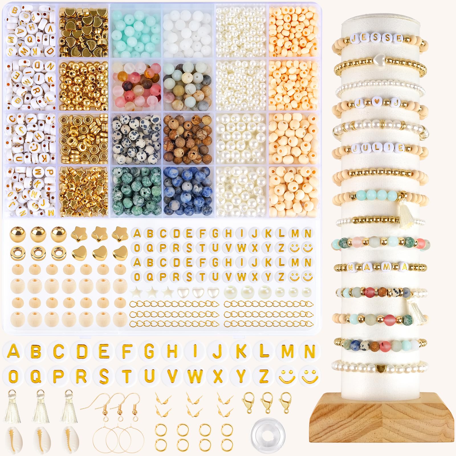 EUES Natürliche Perlen für Armbänder, Edelstein Perlen Set mit Holzperlen, Boho Stil Perlen zum Auffädeln für DIY Mode Bracelet Making Kit, Partys, Weihnachten