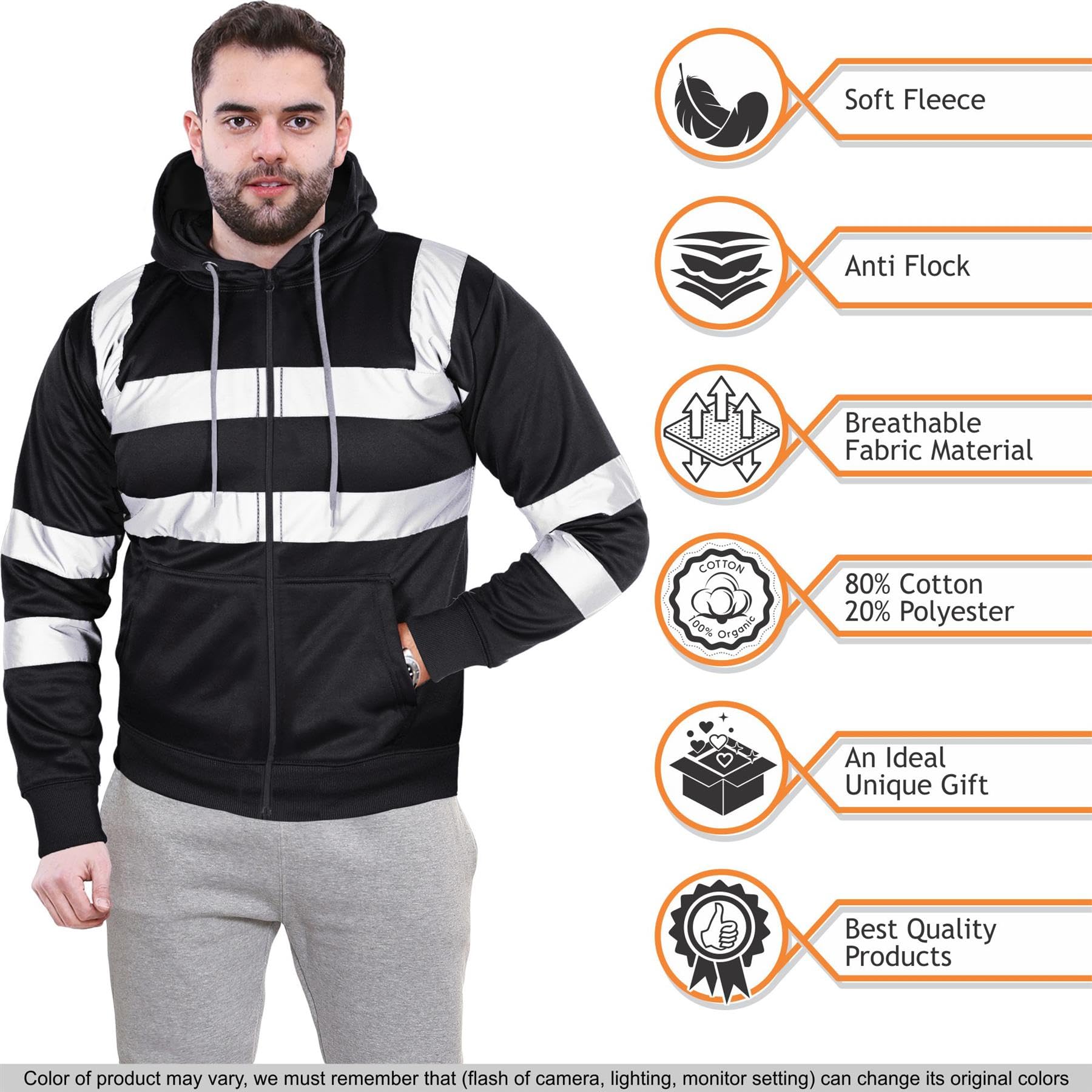 A2Z Haut Visibilité Sûr Travailler Encapuchonné Fermeture Éclair Deux Ton Réfléchissant Ruban Le Pull Sweat-Shirt - Hi Vis Zipper Black M