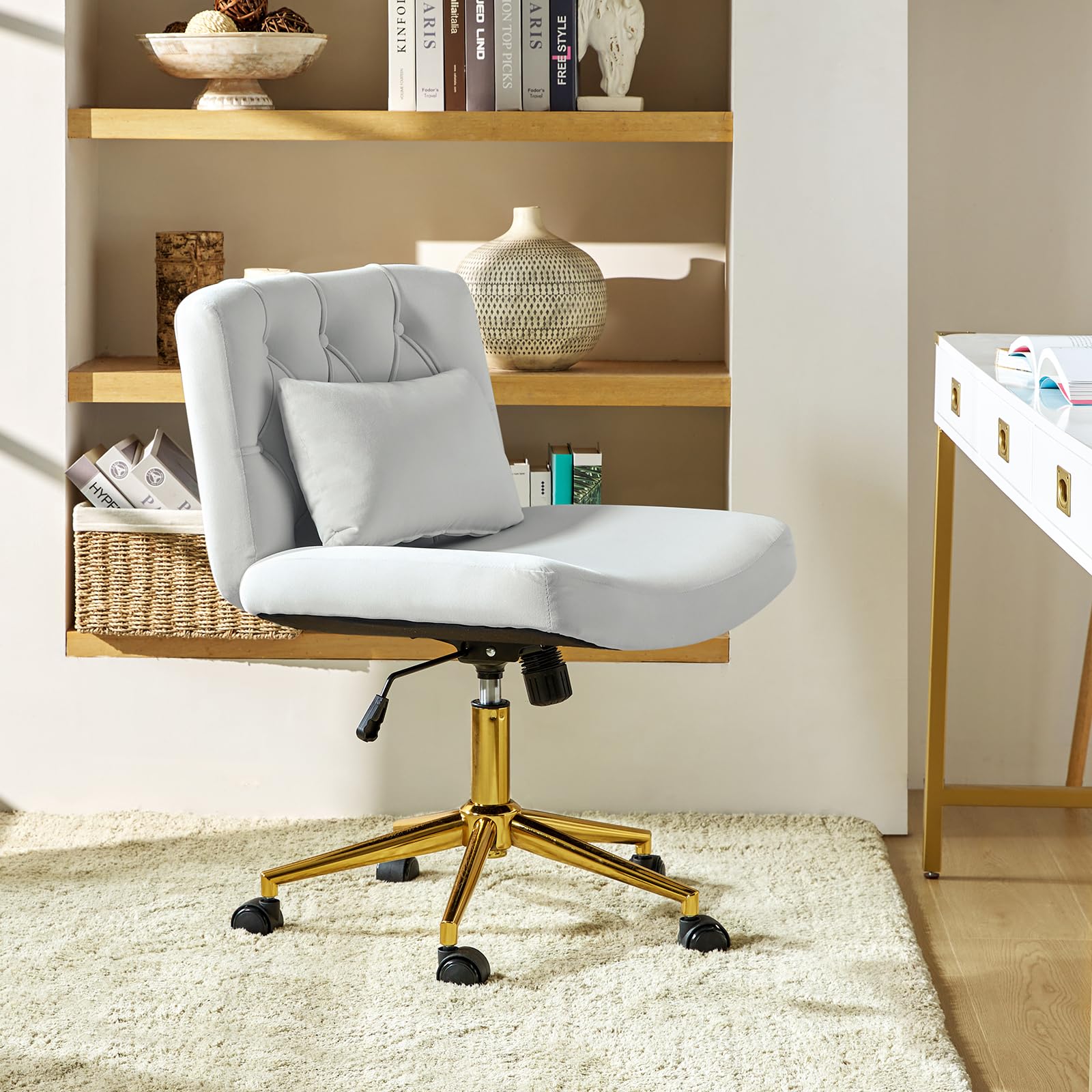 HULALA HOME Vanity Chair with wheels Criss Cross Legged Armless Adjustable Height Velvet Swivel Chair for Home Office Bedroom
