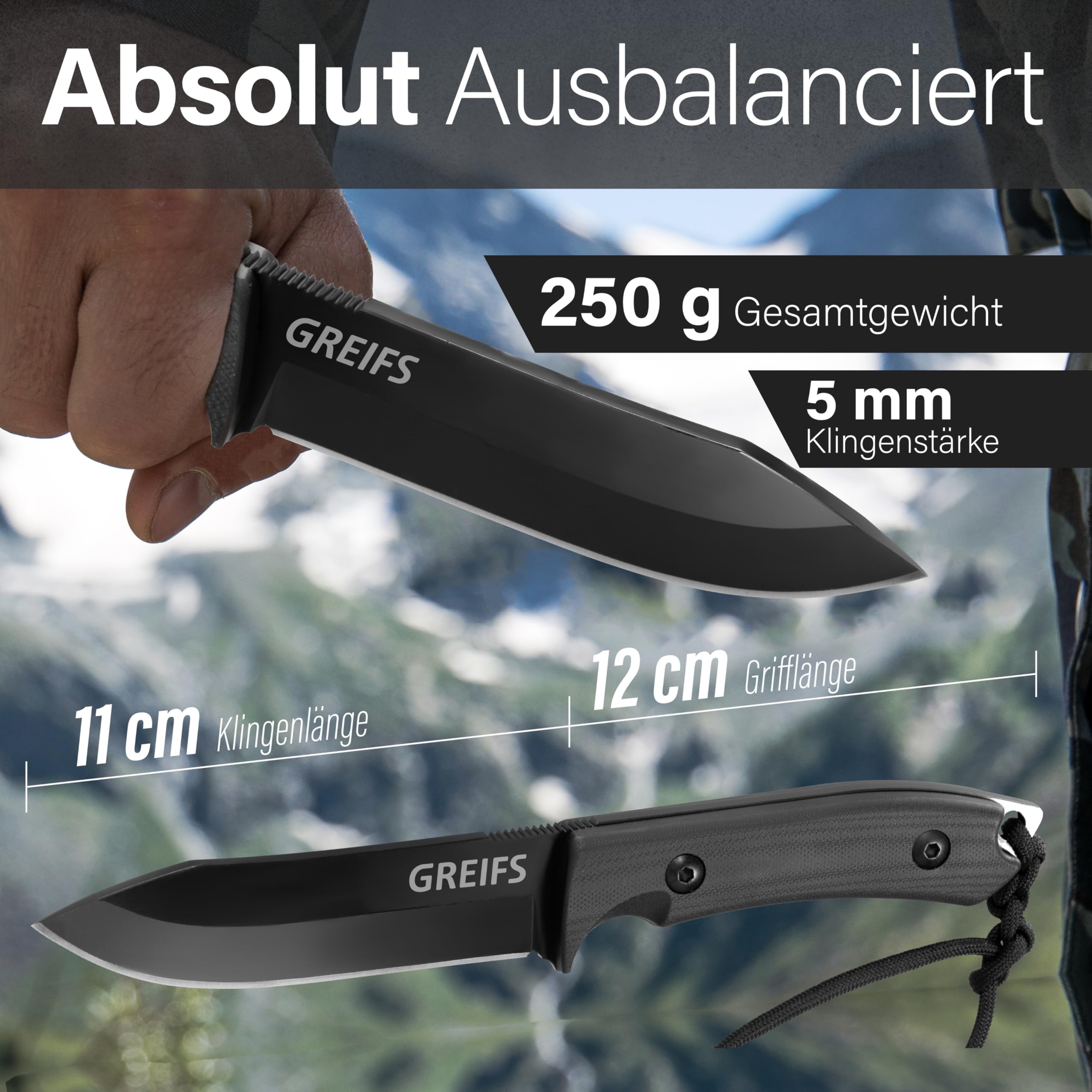 GREIFS® Outdoor-Messer aus D2 Stahl mit Kydex Holster und Feuerstahl, edles Survival Messer für die Bushcraft Ausrüstung, Jagdmesser, Schnitzmesser, Fahrtenmesser (Milan/Schwarz)