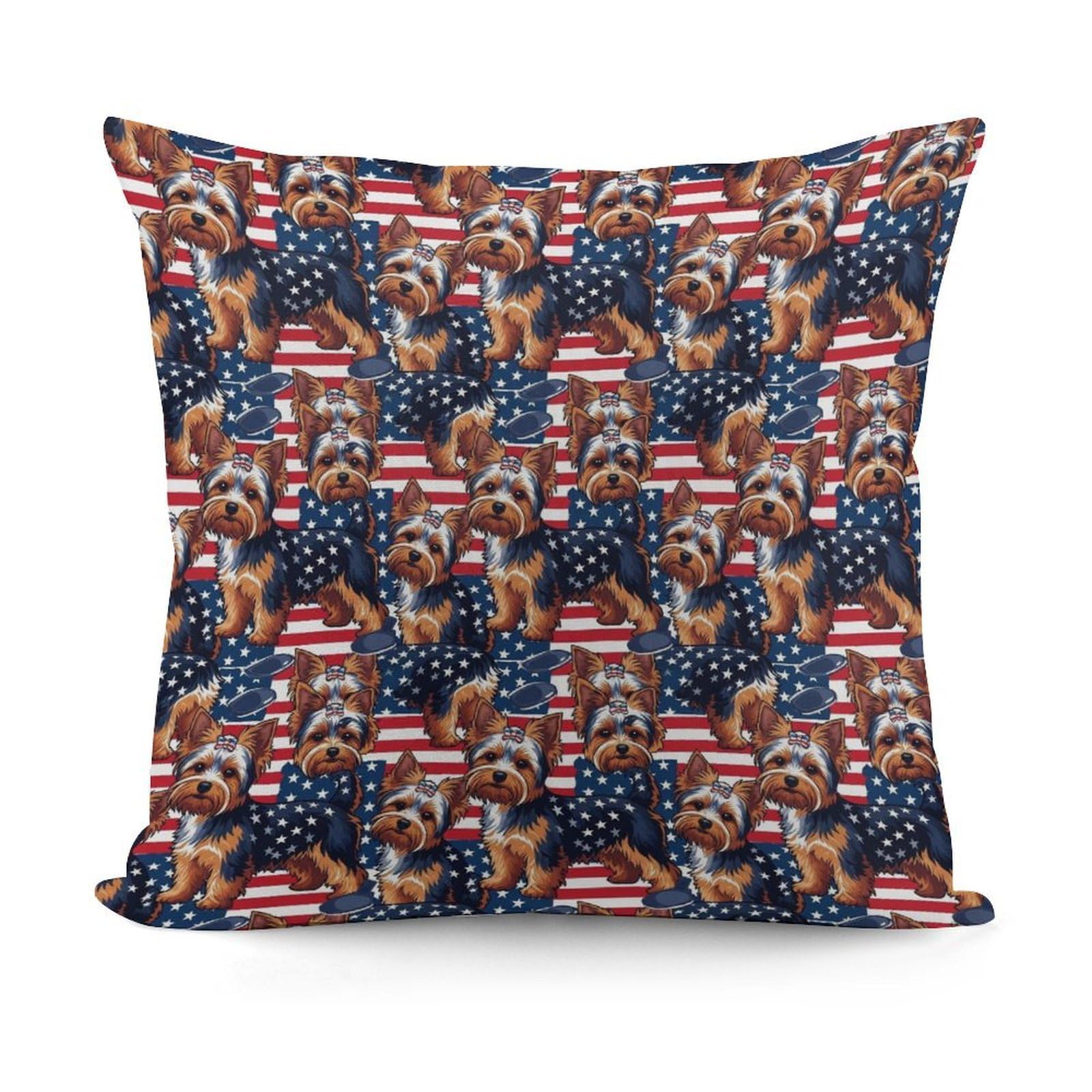 Smazdfxx Picture(30) Plush Pillow Cover With Zipper For Living Room,Bedroom, Sofa Yorkshire Terrier Dog American Flag Couch Cushion Decorative