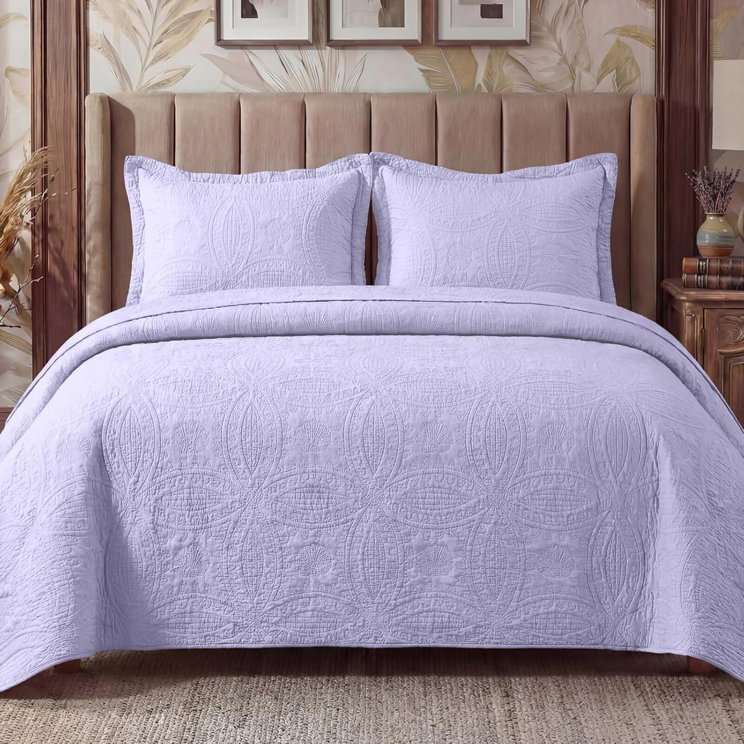 Poboton Queen Quilt Bedding Sets,Lavender Ultrasonic Lightweight Queen Size Coverlet,Coin Pattern Soft Bedspreads for All Season, (1 Quilt,2 Pillow Shams)