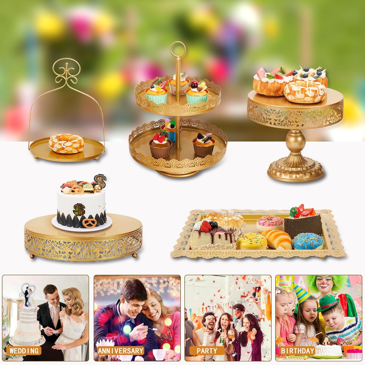 MTJYQTF Gold Cake Stand Set - 5pcs Metal Dessert Table Display Set for Party, Vintage Candy Table Display Sets for Wedding Birthday Baby Shower Housewarming Party Farewell Party CS005