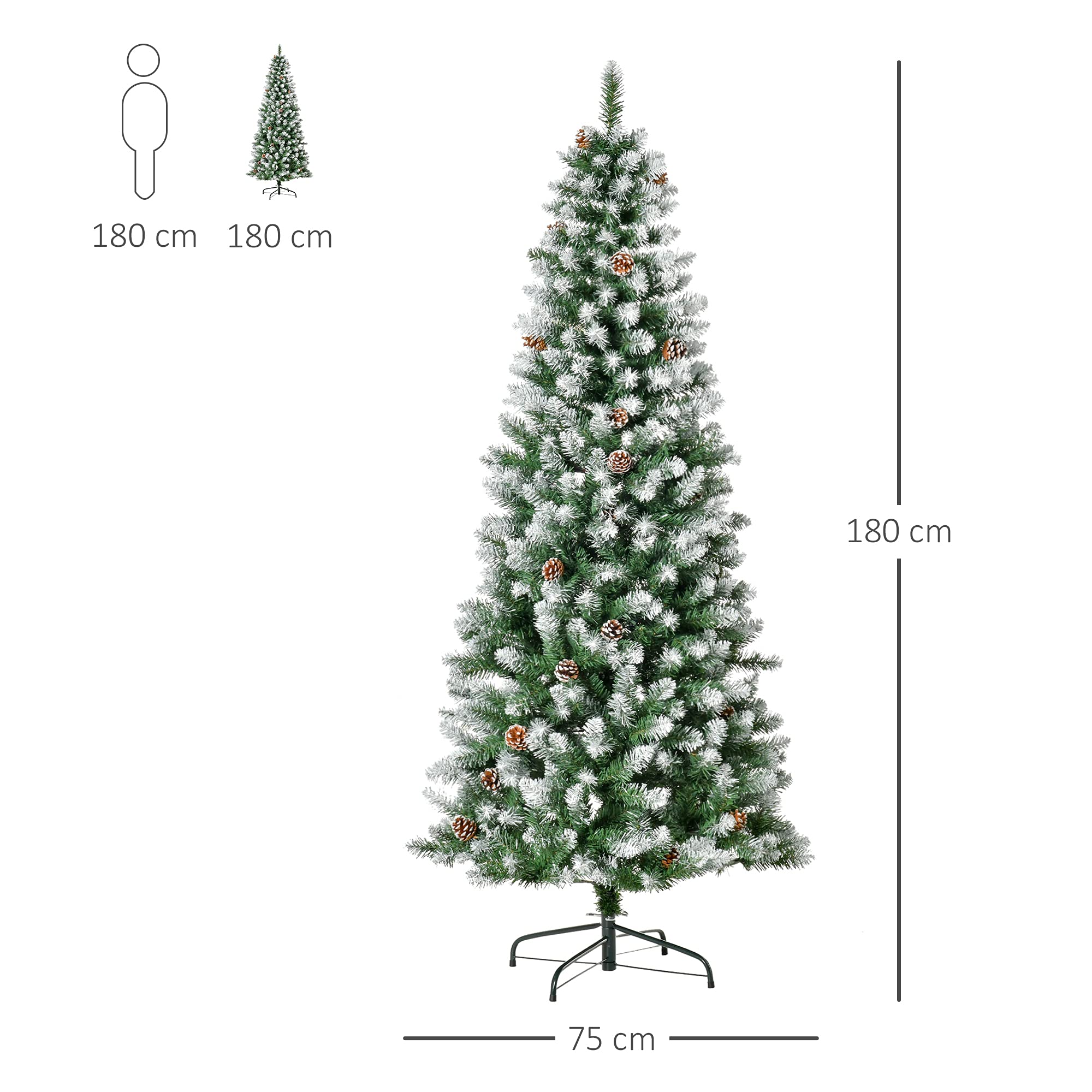 HOMCOM Árbol de Navidad 180 cm Árbol de Navidad Grande con 630 Puntas 37 Piñas Base Plegable y Soporte de Acero para Decoración de Interior Verde