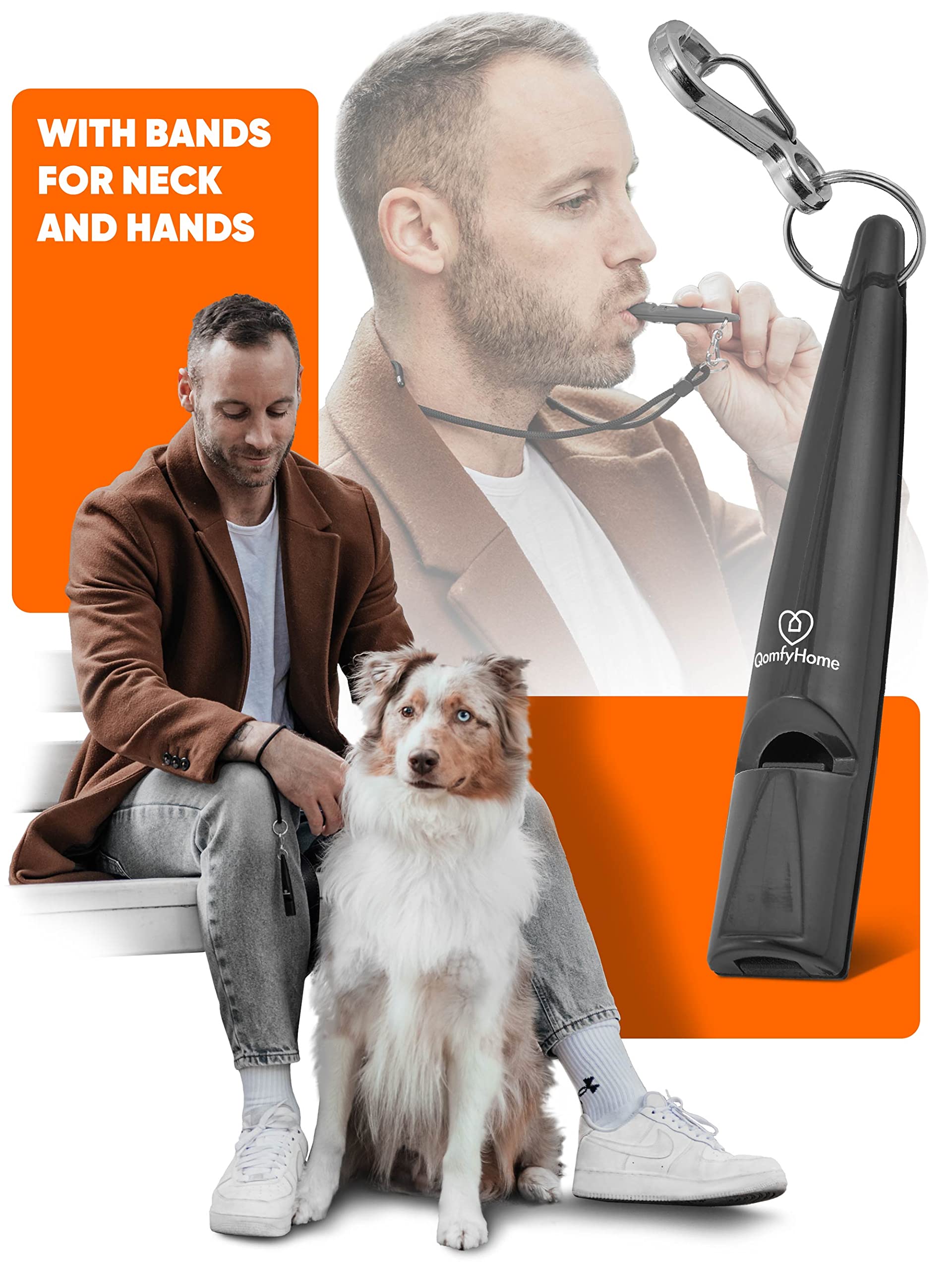 Qomfy Home® Silbato de perro con pulsera y collar (antracita oscuro) – Ideal para la devolución de llamada – Accesorios de entrenamiento para perros – Ayuda educativa para perros – Perro Whistle